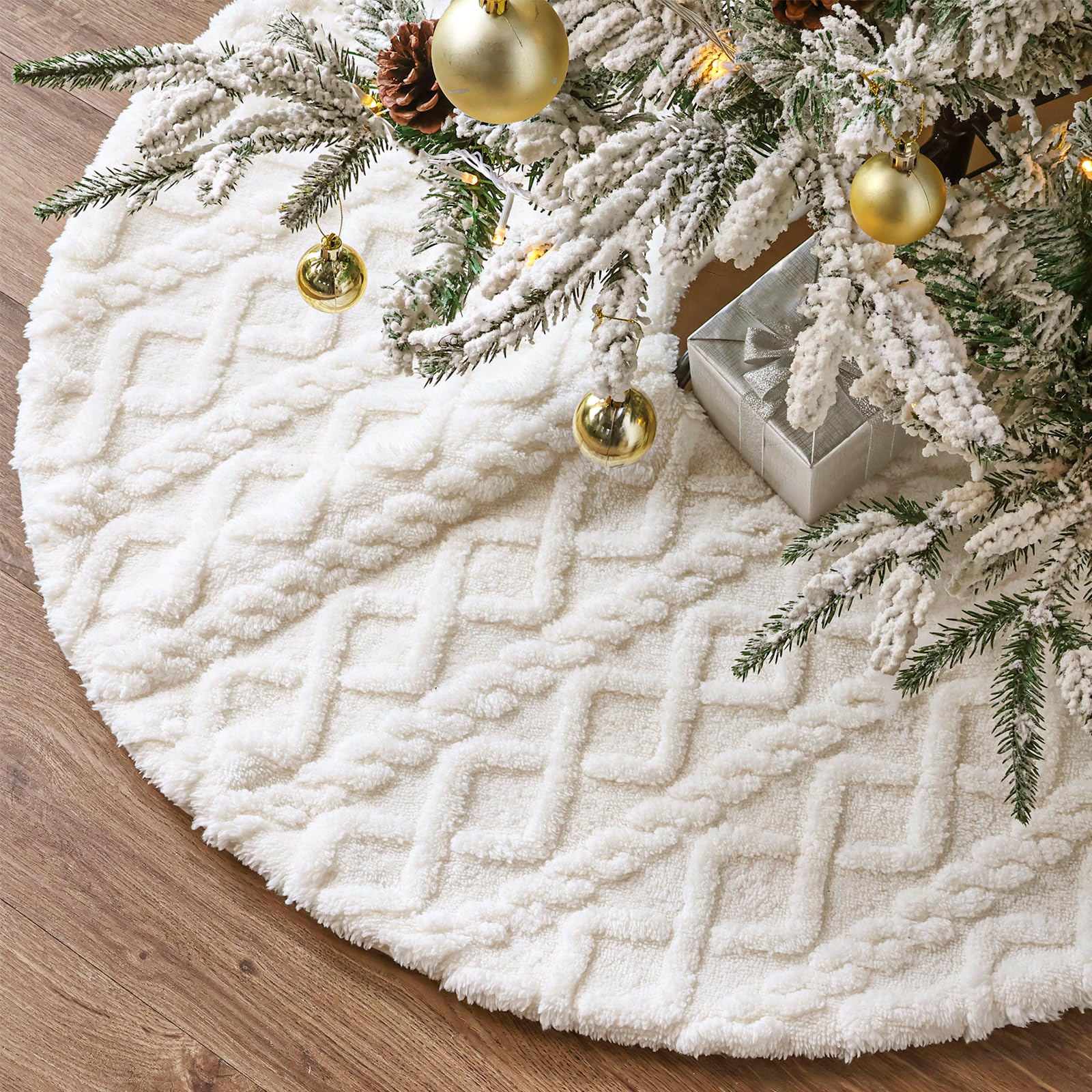 AISENO 48 Inch Kerstboom Rok Faux Fur met Kabel Gebreide Dikke Decoratie voor Vrolijke Kerstversiering