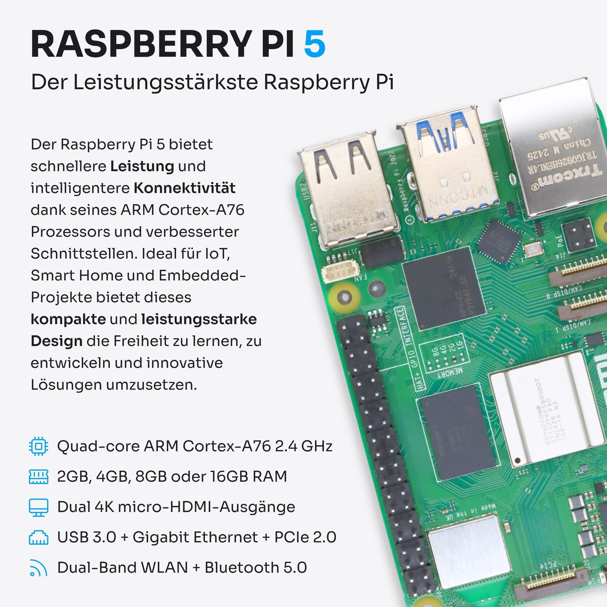 Starter-Set für Raspberry Pi 5 4 GB | 64 GB MicroSD-Karte | 27 W Netzteil | Gehäuse mit integriertem Lüfter und Kühlkörper | 4K 60 Hz Micro-HDMI-Kabel