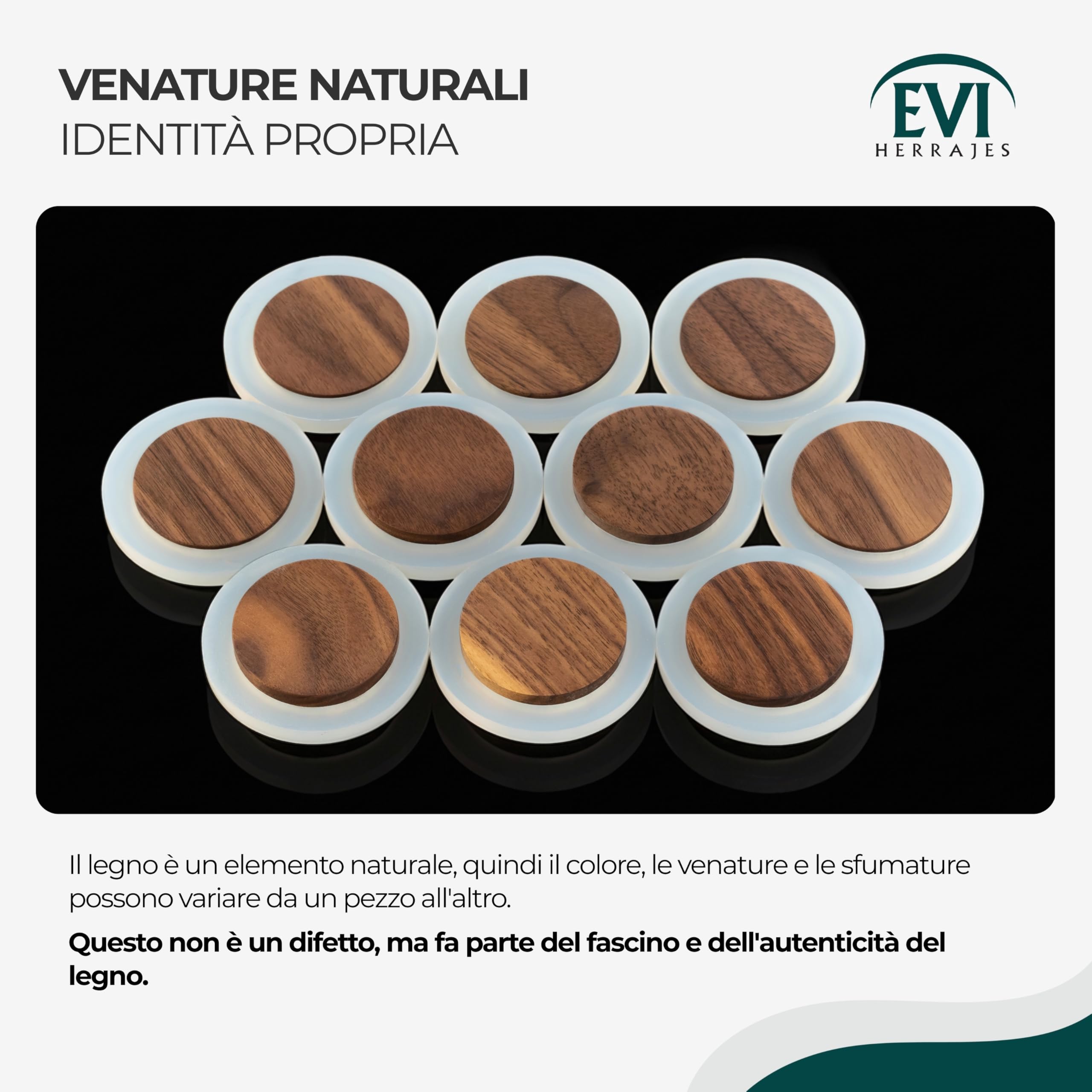 EVI Herrajes | Fermaporta in Legno | Legno di Noce con Gomma Nera | Ø47x22mm | Installazione Adesiva | Ottimo per il parquet | Mod.20345X19