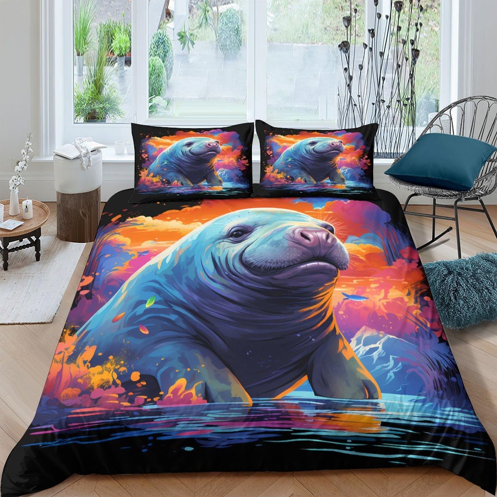 Ctjqhvkz Style-4 3D Printed Vibrant Manatee Fitted Sheet Microfiber Soft Mattress Cover For Bedroom Dorm Protection Decor Single（135X200cm）