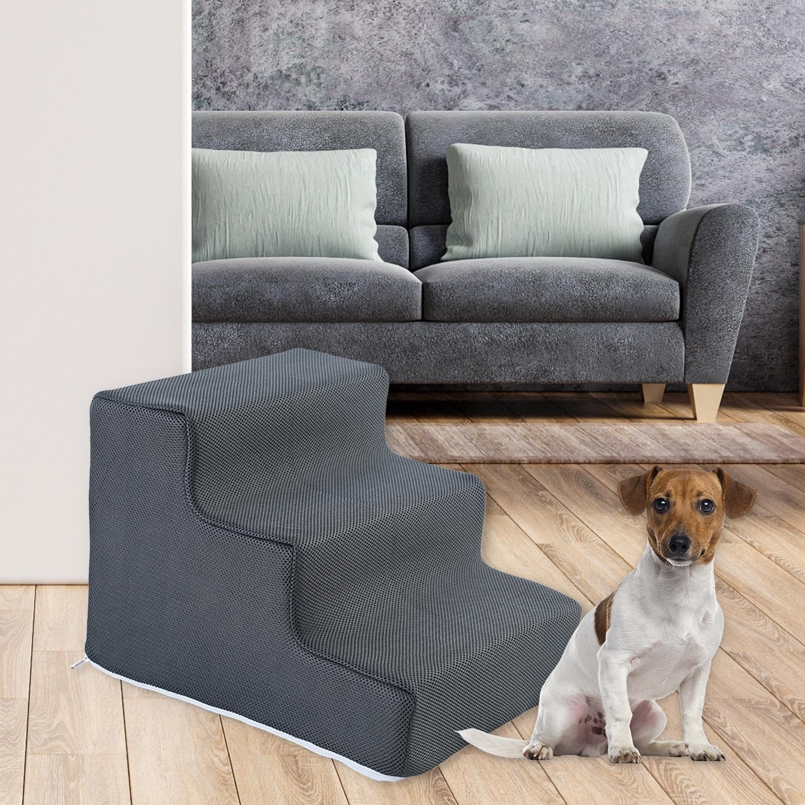 Scaletta Per Cani E Gatti Ioensy - 3 Gradini, Copertura Lavabile, Antiscivolo, Grigio Scuro