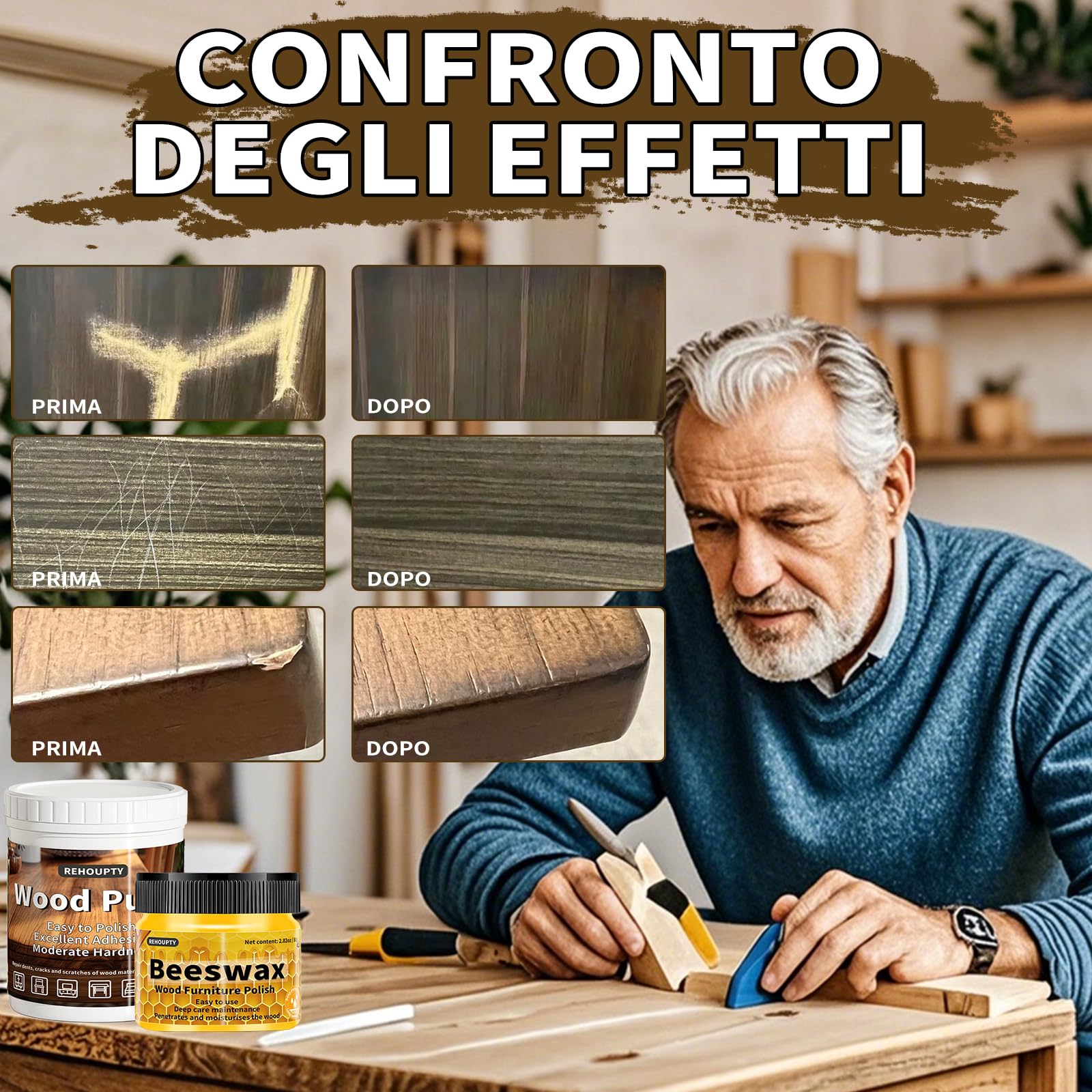Kit Per La Riparazione dei Mobili, Tutto-In-Uno Kit Riparazion Legno Include Stucco per Legno & 12 Colori Stucco per Ritocco e Cera d'Api, Kit Riparazione Mobili in Legno di Graffi, Crepe, Macchie