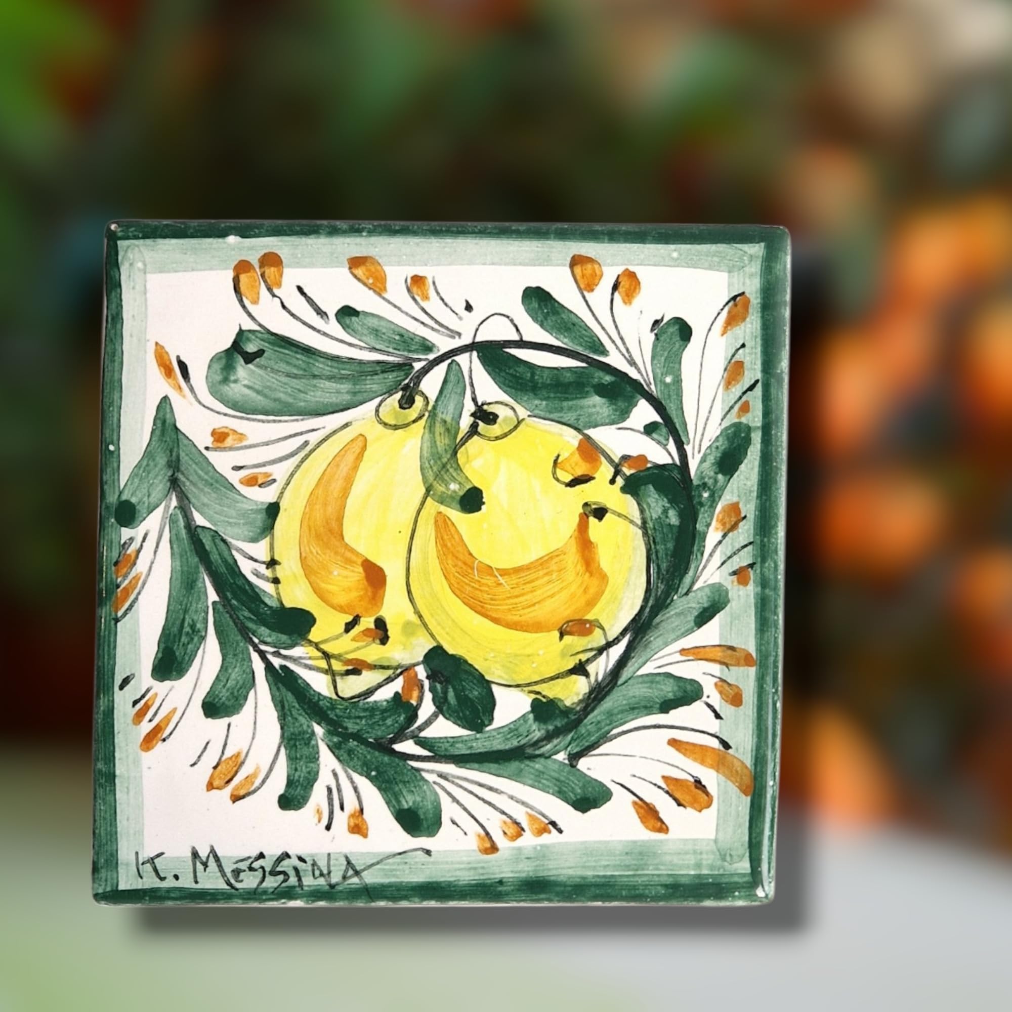 Le Ceramiche di Ketty Messina Mattonella 10 x 10 di Ceramica Siciliana Dipinta a Mano con Limoni Piastrella