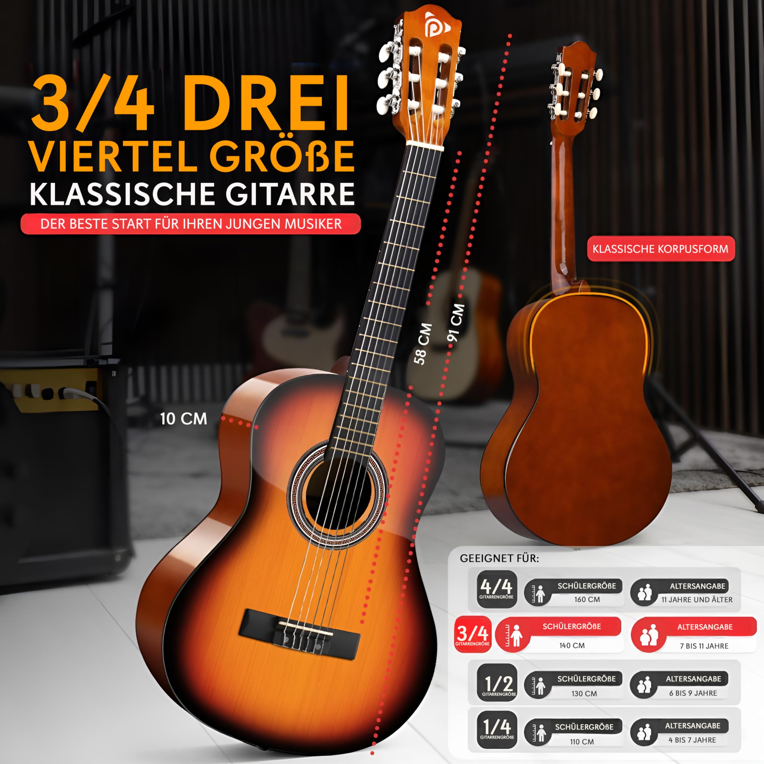 Pyle Konzertgitarre, Rechtshändig, 3/4 Größe, Sunburst