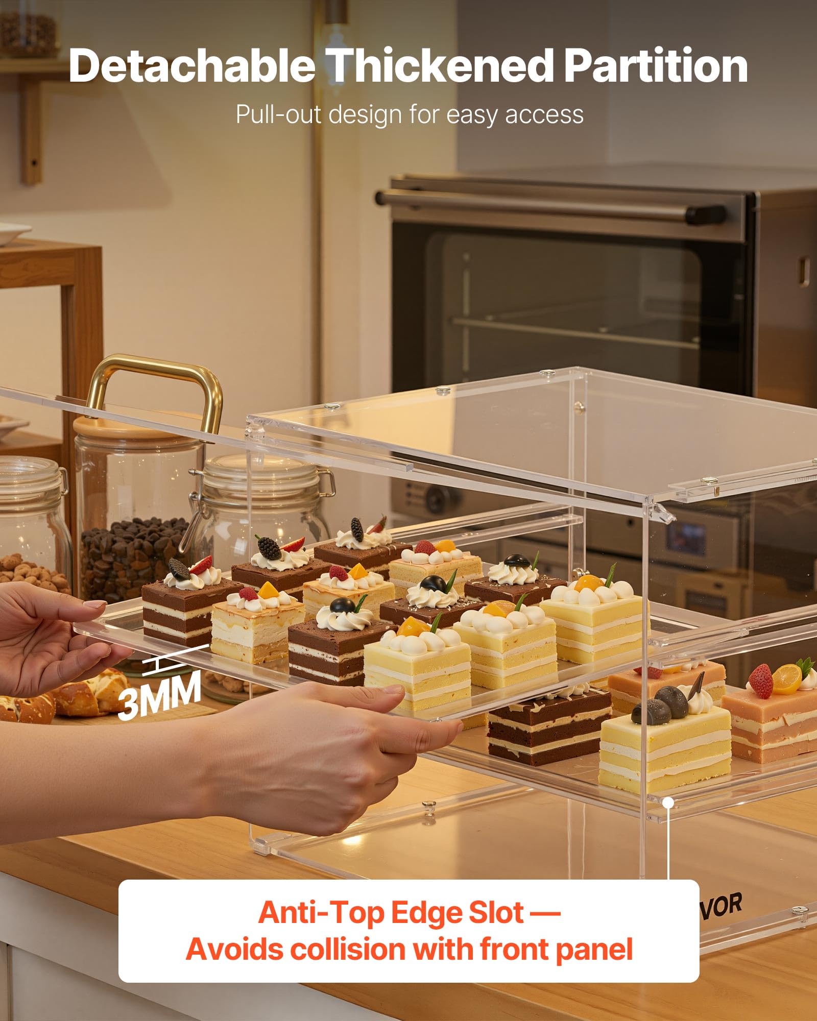 VEVOR Vetrina per Pasticceria 3 Ripiani da Banco, Espositore per Panetteria in Acrilico Trasparente con Anta a Ribalta, Vetrina Portapane in Acrilico per Torte Biscotti Dolci 330 x 260 x 260 mm