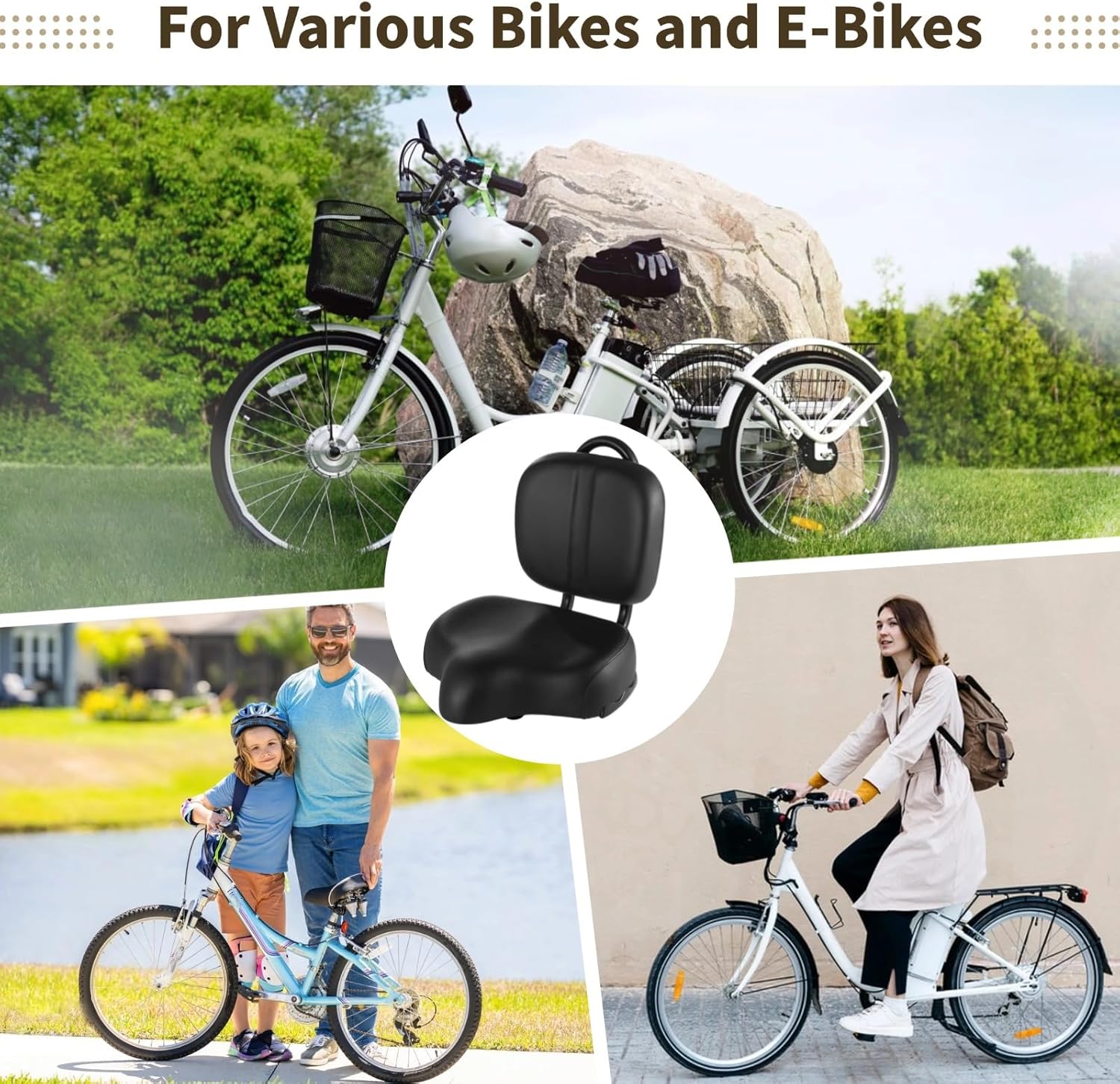 Bike Seat with Backrest, Oversized Memory Foam Bicycle Cushion with Back Support, Universal PU Saddle for Tricycle, Mountain & Electric Bikes, Includes Full Installation Kit