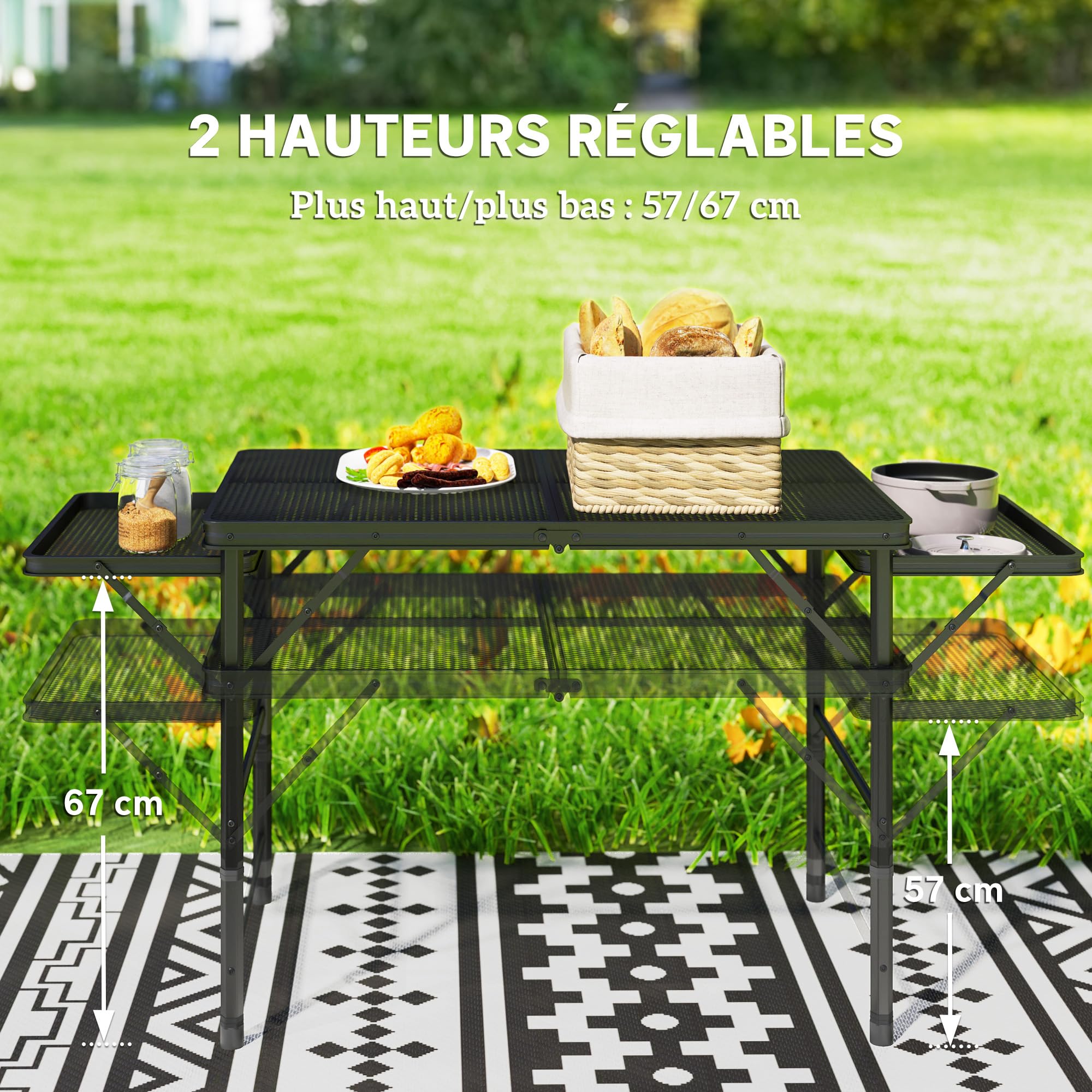 Outsunny Campingtisch, klappbar, tragbar, mit 2 Seitenablagen, höhenverstellbar, für Camping, Picknick, Grill, Schwarz Garten