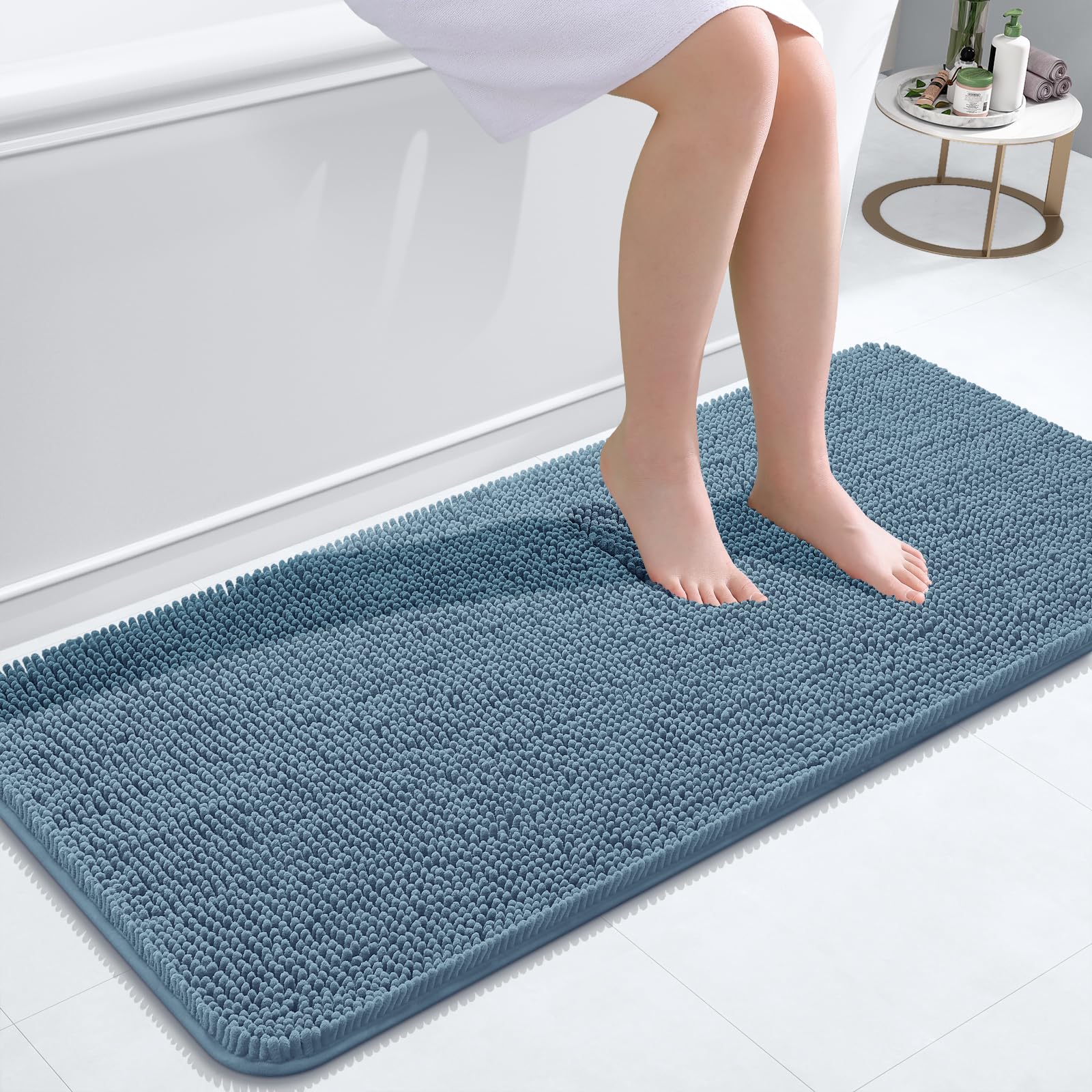 OLANLY Bathroom Runner Rugs 47x20, Soft Absorbent Chenille Bath Rugs, Rubber Backing Quick Dry, Machine Washable Long Bath Mats for Bathroom Floor, Tub and Shower, Home Decor Accessories, Airy Blue — image 1