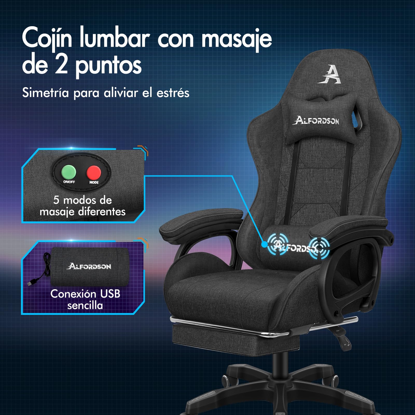 ALFORDSON Silla Gaming con Cojín Lumbar y Cervical, Silla Oficina Gamer Ergonómica Reclinable con Masajeador, Respaldo Alto Acolchado, Ideal Ordenador,Oficina,Videojuego,Escritorio, Lino(Gris Oscura)