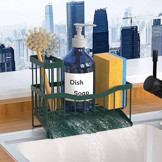 Fssvcd Maifan Sink Caddy Sponge Holder for Kitchen with Brush Holder and Stainless Steel Self Drain Tray, Rustproof Kitchen Sink Organizer for Sponge, Soap Dispenser Storage Accessories Dark Green
