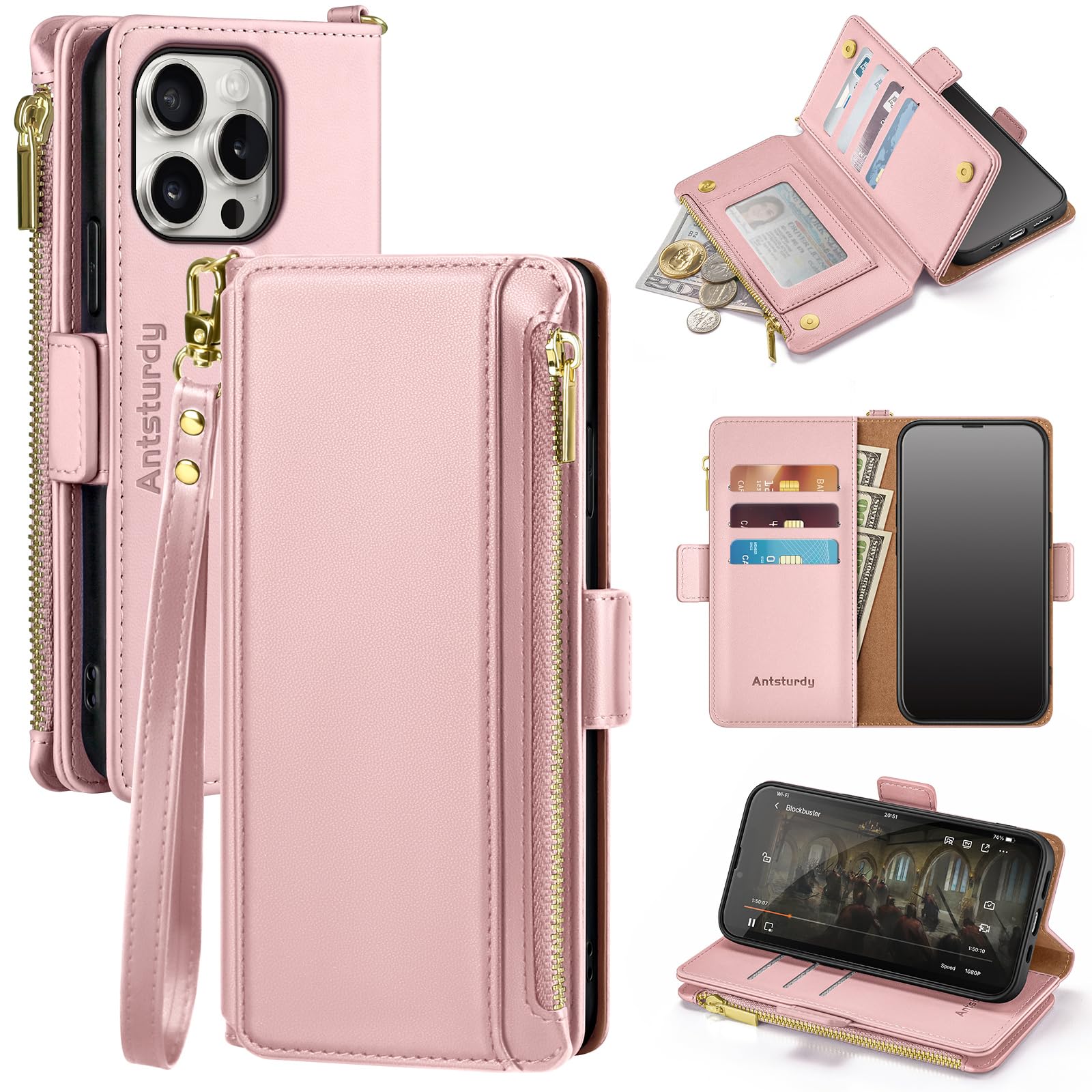 Antsturdy for iPhone 16 Pro Max Phone Wallet Case Women,Pink | RFID Blocking,with Credit Card Holder Slots,PU Leather Purse,Zipper Pocket,Wrist Strap