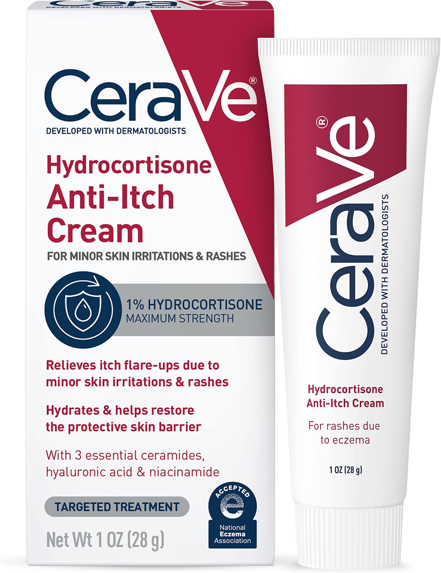 CeraVe 1% Hydrocortisone Anti-Itch Cream, Fragrance-Free Relief for Eczema-Pr...