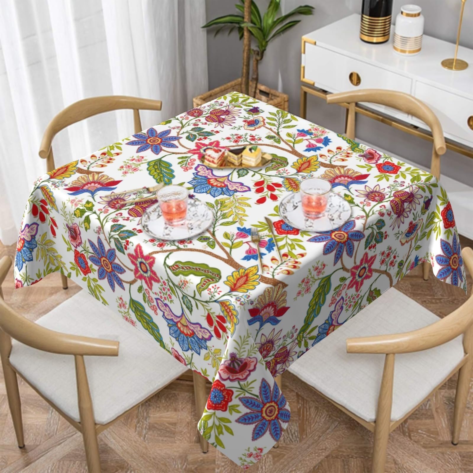 FJQWKLF Spring Summer Outdoor Tablecloth 54×54 Inch Flowers Table Cloth Water-Resistant Spill-Proof Washable Fabric Tablecover for Kitchen Dining Party Picnic Indoor