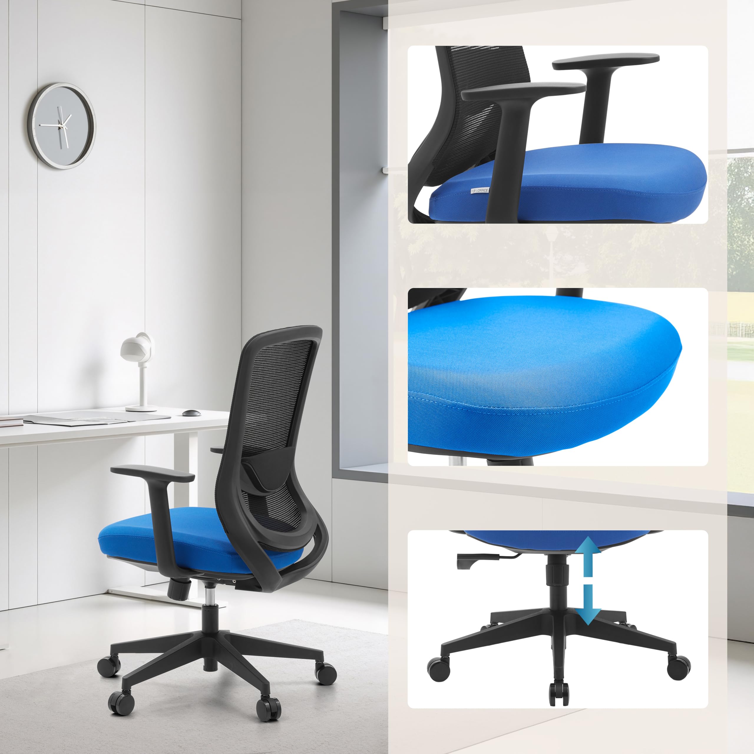 hjh OFFICE Silla de oficina ergonómica Sedito – Silla giratoria con respaldo de malla ajustable, soporte lumbar y asiento en cascada, color negro y azul