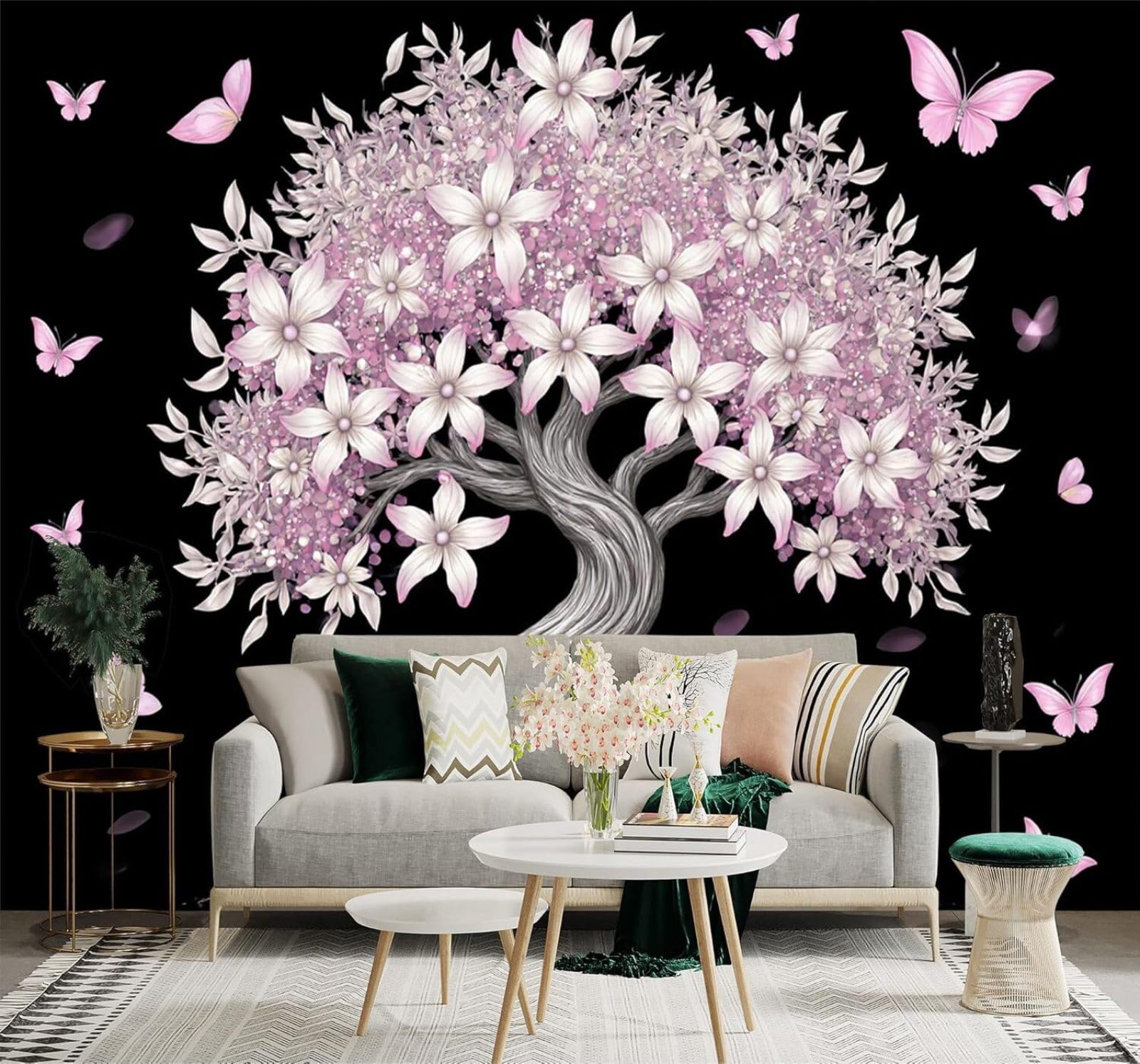 XLMING Pink Flowers Trees Butterflies Petals Black 3D Wallpaper Silky Texture Home Study Office Grey Dining Room Sofa Bedroom Living Room TV Backdrop-430cm×300cm