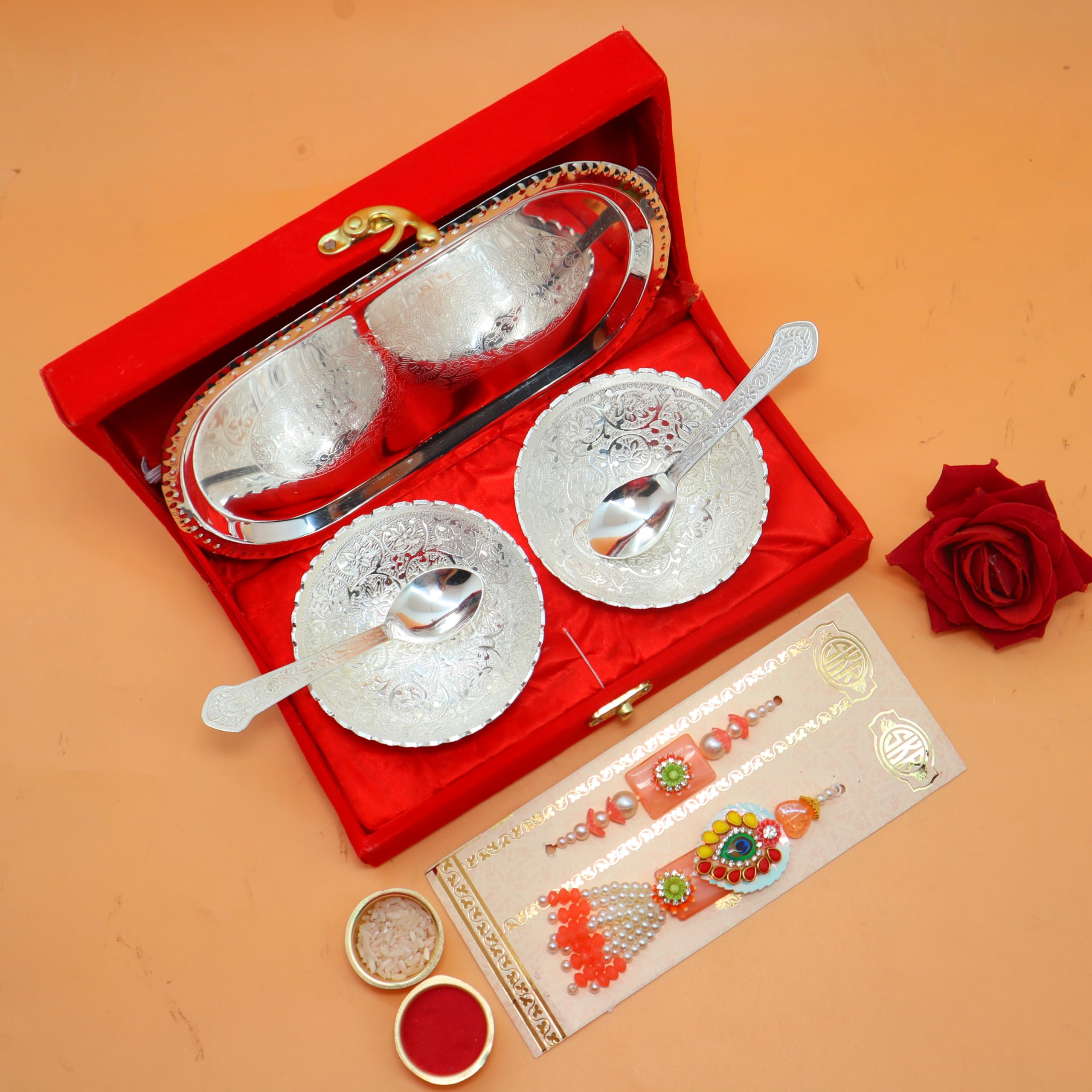 German Silver Bowl Set with Rakhi for Brother, Silver Serving Set Gift for Rakshabandan, lumba Rakhi Gift for Brother and Bhabhi (Pink)-image-30