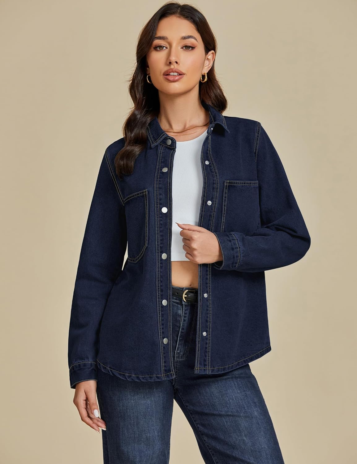 luvamia Denim Jackets for Women Trendy Long Sleeve Jean Jacket Casual Button Down Western Flat Pocket Shacket - Image 3