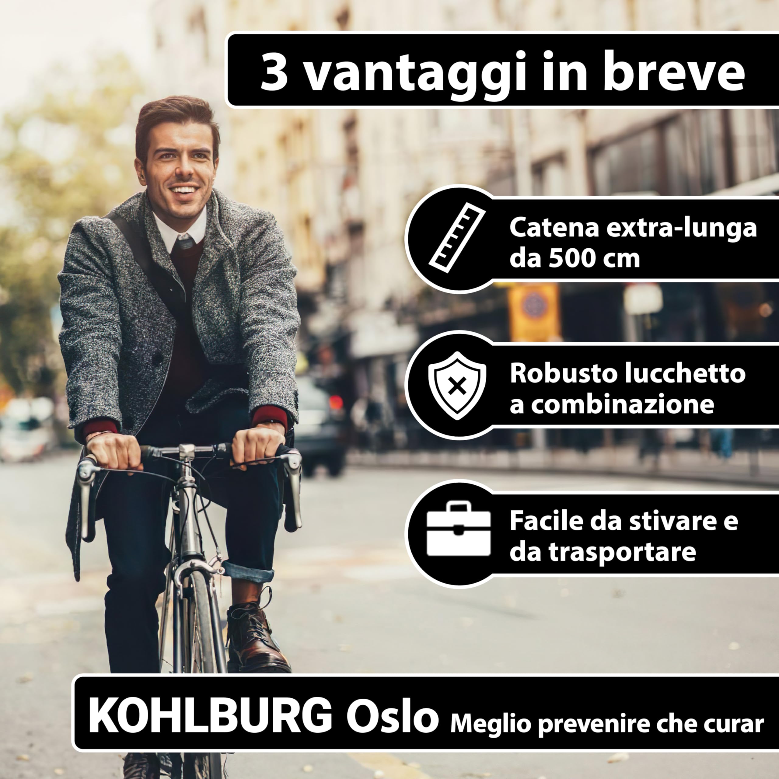 KOHLBURG Catena antifurto 5 m extra lunga con combinazione numerica, 500 cm & acciaio speciale 6 mm con a codice, lucchetto a combinazione 5 m per bici, e-bike, e‑scooter, mobili da giardino, barca