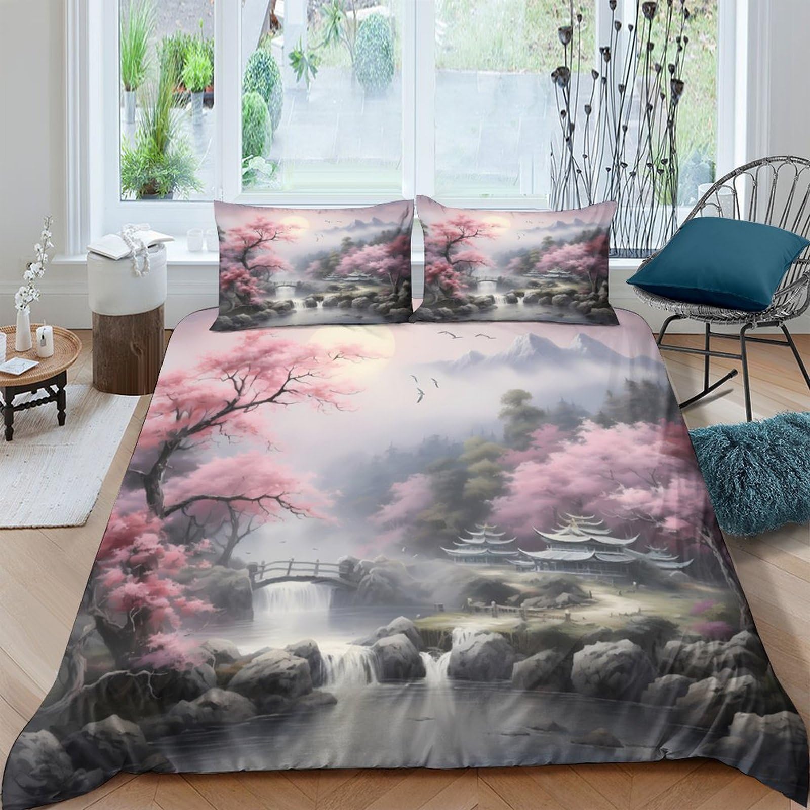 Ctjqhvkz Style-2 3D Printed Sakura River Fitted Sheet Microfiber Soft Bedroom Decor Misty Forest Mattress Cover Washable Single（135X200cm）