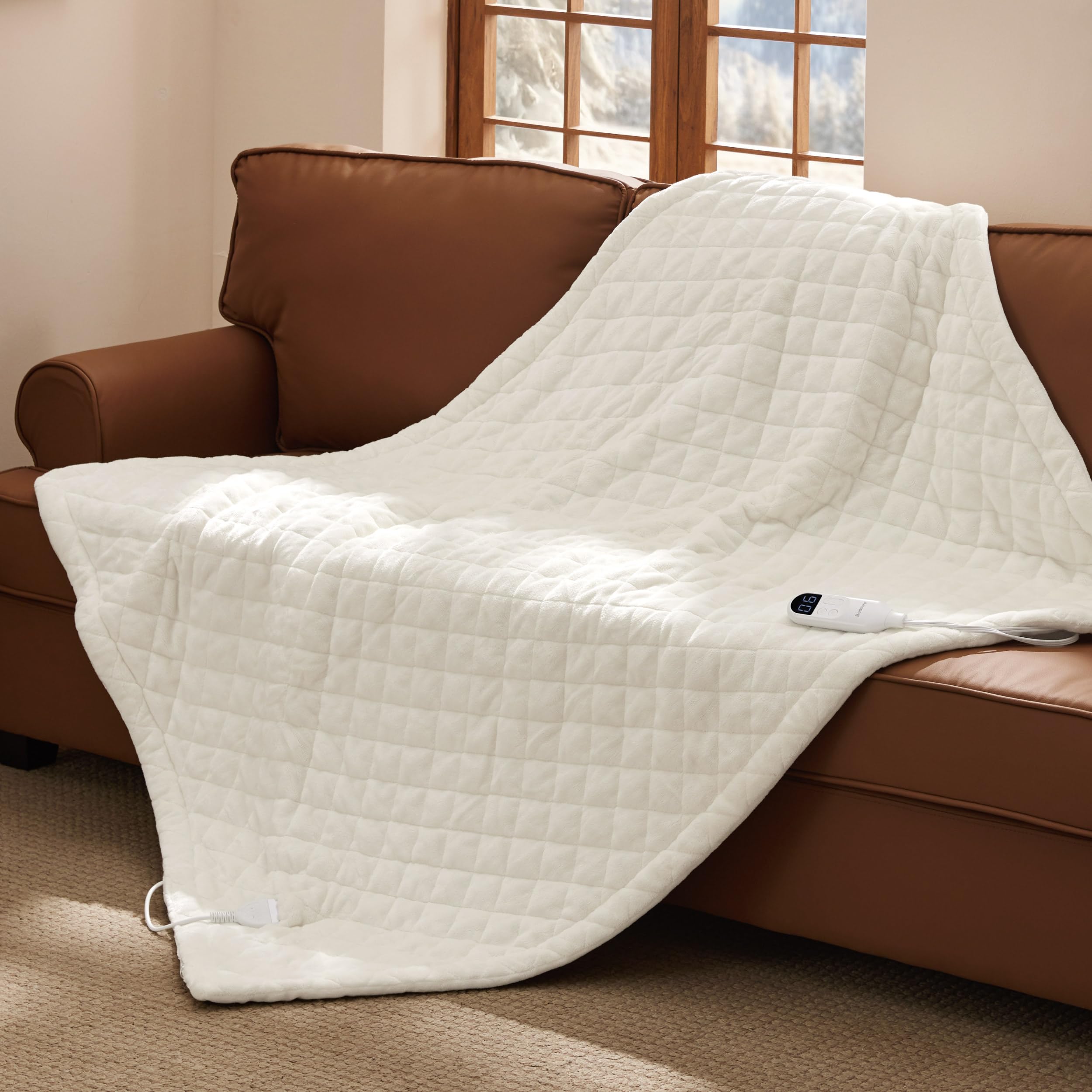 Bedsure Luxury Quilted Heated Throw Blanket, Filled Electric Blanket, Ivory | Diamond Quilted, Ultra Soft, Comforter-Like Warmth, Fast Heating, Memory &amp; Preheat, 1-10 H Auto Off, 10 Heat Settings, 50x60