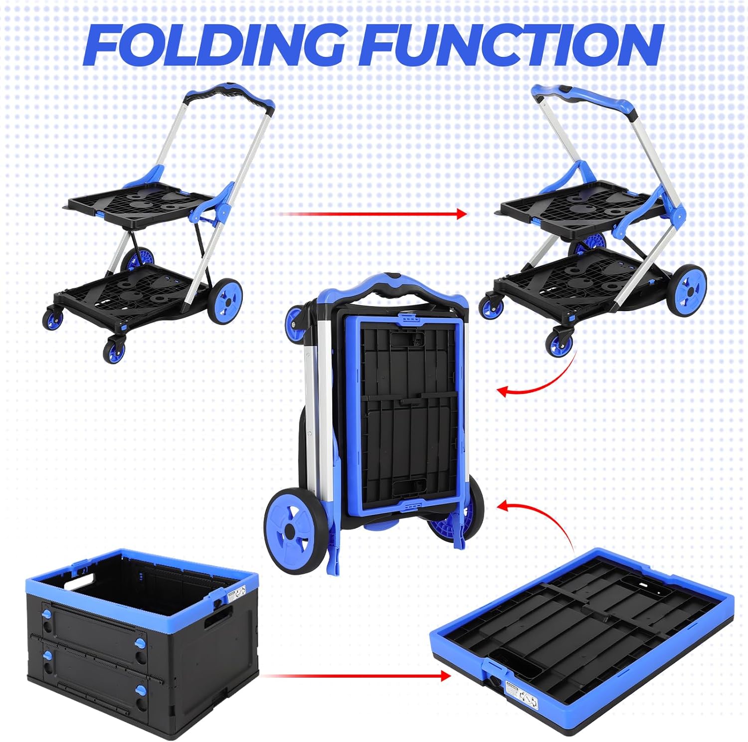 Collapsible Shopping Cart with Wheels, 200 LBS Capacity Blue Grocery Cart with Storage Crates, Platform Hand Truck with Foot Brake