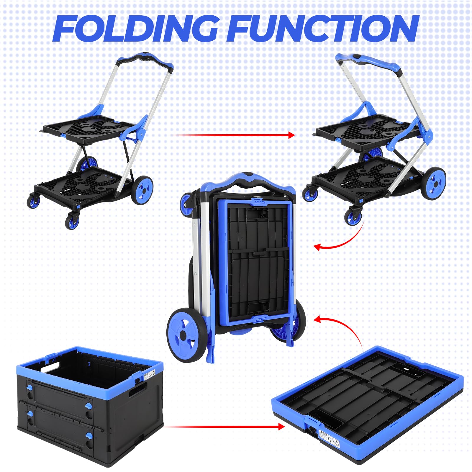 Carrito de compras plegable de 2 niveles con ruedas, capacidad de 200 libras con ruedas con caja de almacenamiento, carretilla de mano de plataforma con freno de pie