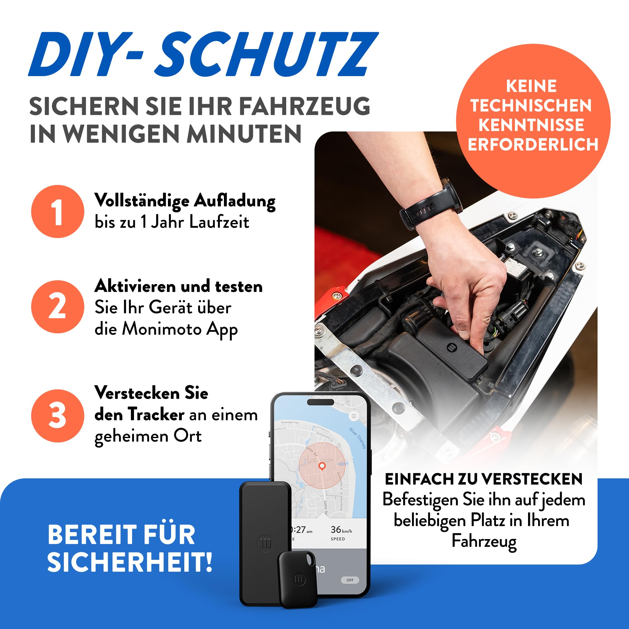 Monimoto 9 Anti-Diebstahl GPS und Alarm Tracker DIY-Installation, Keine Verkabelung, wasserdicht, globale Abdeckung - Smart GPS-Tracker für Motorräder, Autos, Fahrräder, ATVs, Boote, Wohnmobile