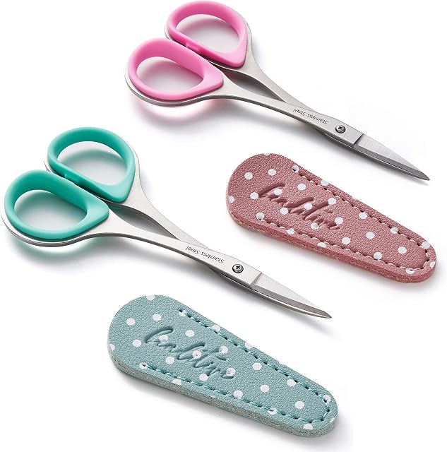 Beaditive Sewing and Embroidery Scissors Set (2 Pc.) Curved and Straight, Sharp, Stainless-Steel Design | Precision Tips, Ergonomic Rubber Handle Grip | Small, Compact DIY Use (with Leather Sheaths)