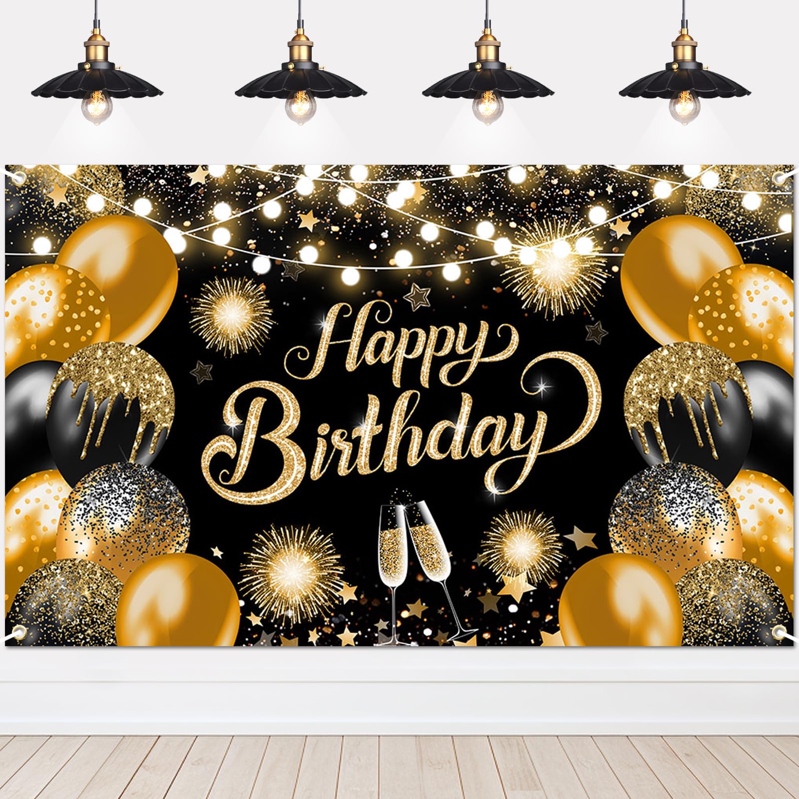 Lecheme Happy Birthday Banner Glitter Black Gold Happy Birthday Backdrop Photo Background Party Decorations for Men Women 6x3.6 ft