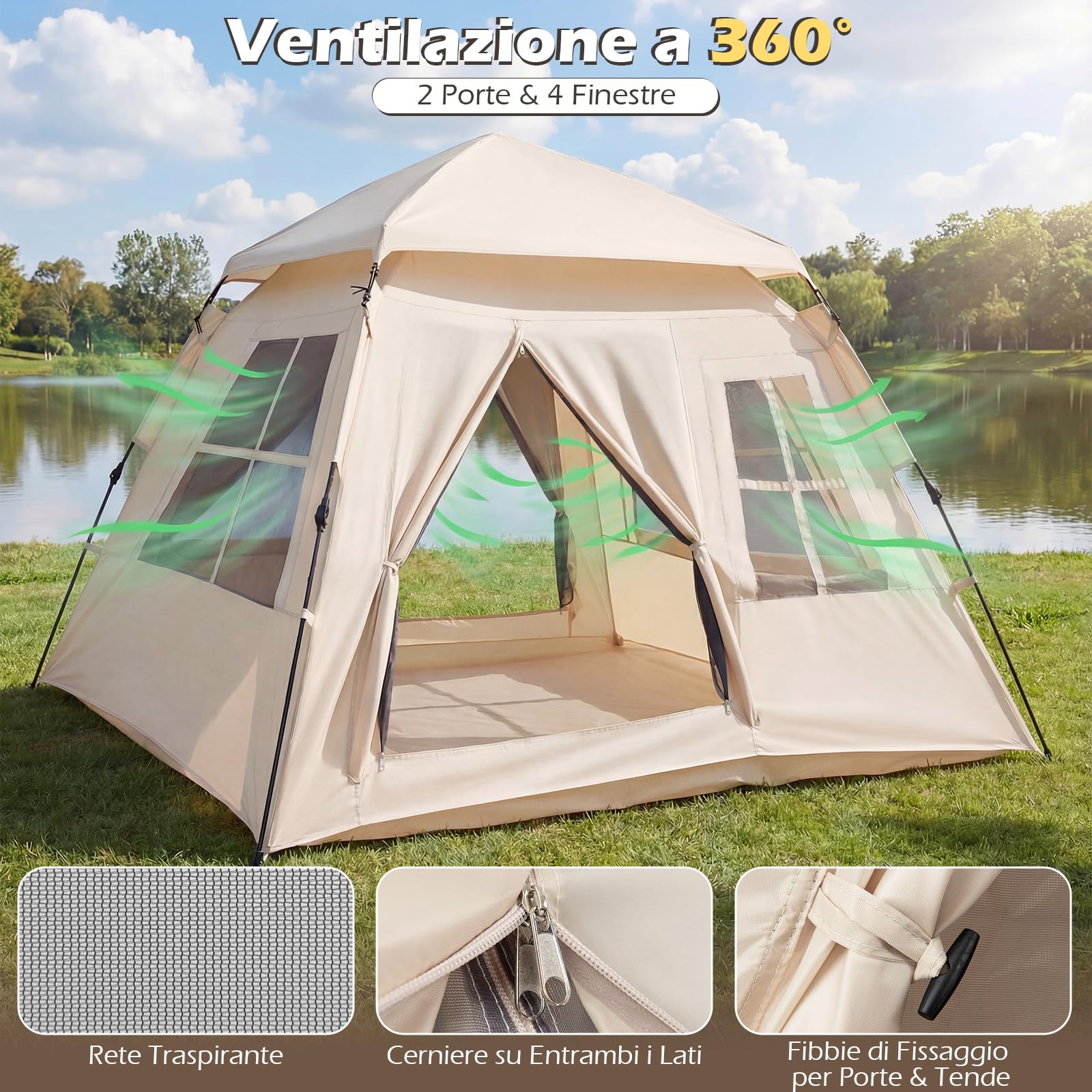 COSTWAY Tenda da Campeggio per 3-4 Persone, Tenda da Spiaggia Protezione Solare con Copertura Antipioggia Rimovibile, 2 Porte, 4 Finestre Traspiranti e Borsa per il Trasporto, Facile Installazione