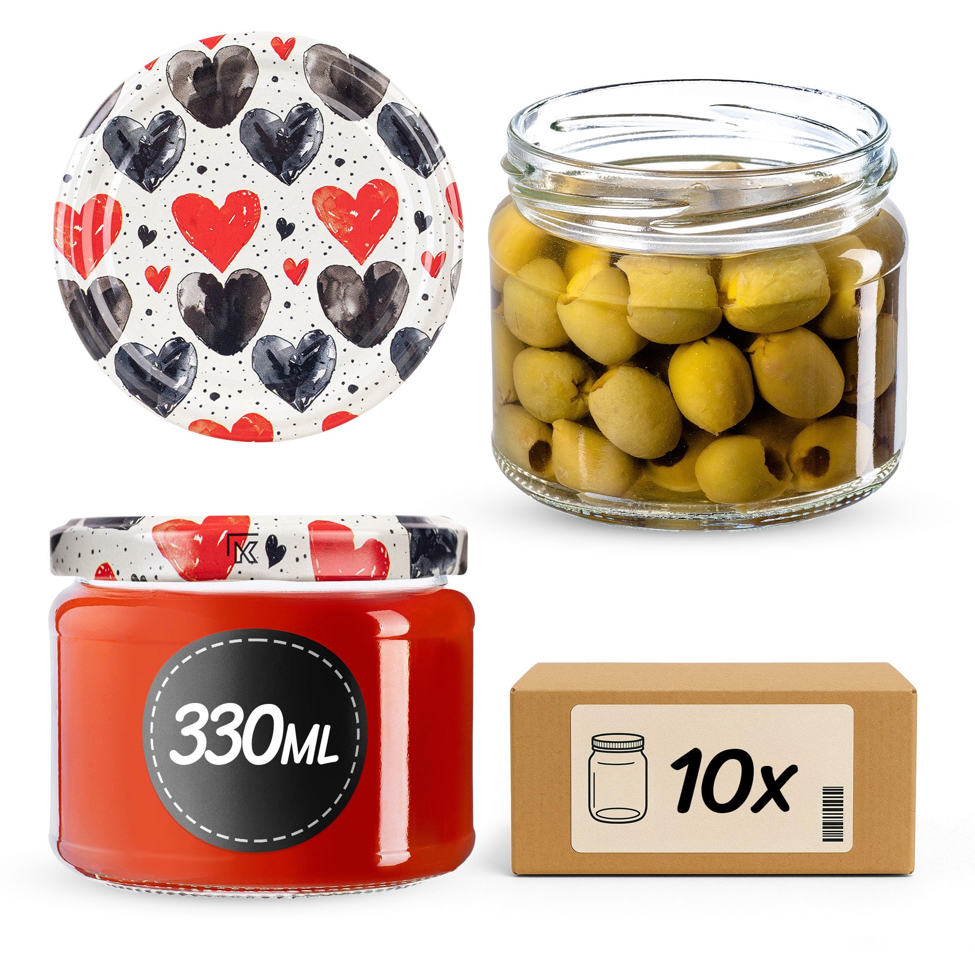 KADAX 10er Set Marmeladengläser 330ml TO82, Einmachgläser Vorratsgläser Mason Jar mit Schraubdeckel, Luftdichte Schraubgläser, Honig & Konfitüre (Herzen)