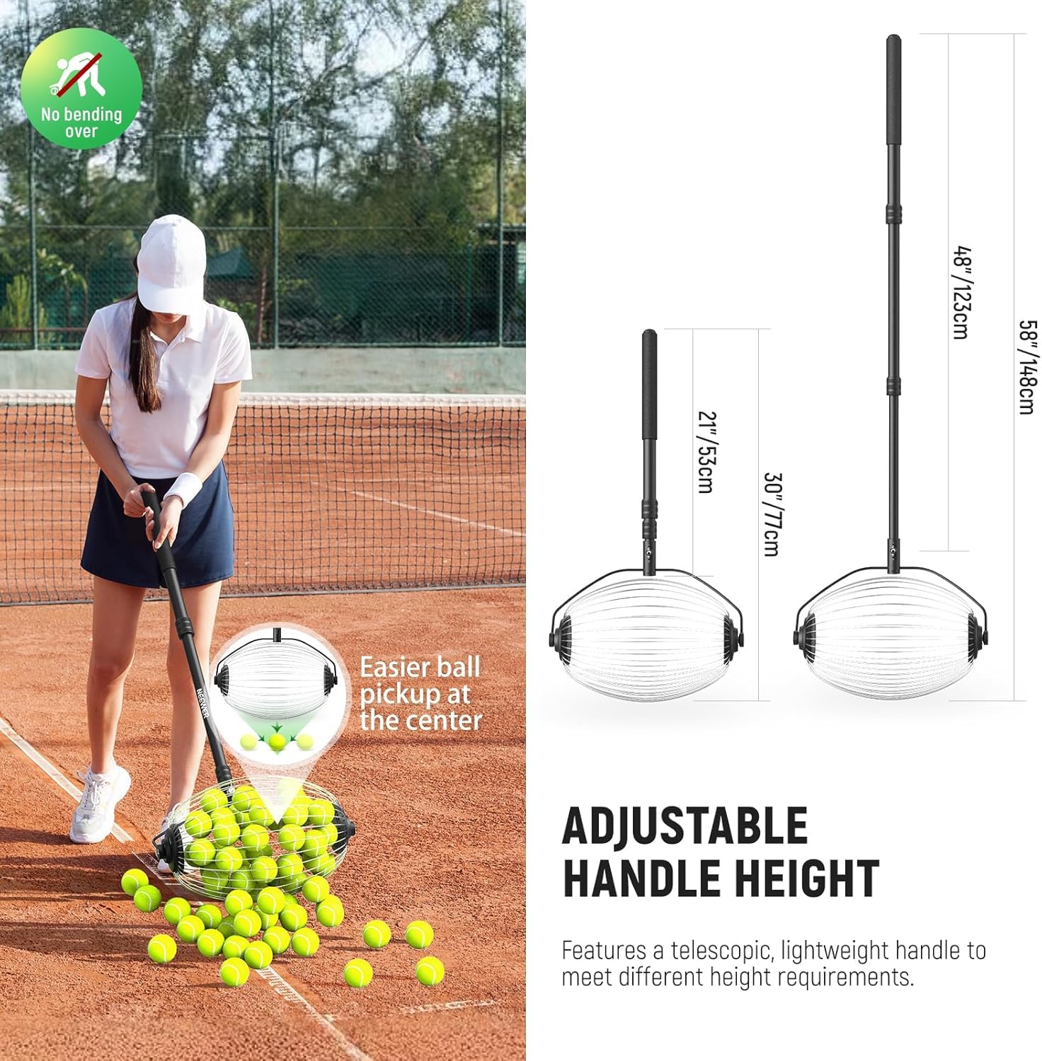 NEEWER Raccoglitore Tramoggia di Palline da Tennis Rapido a Rullo, per Raccogliere Fino a 40 Palline da Tennis/Golf/Pickleball da 1,5"-3" Senza Piegarsi, Manico Telescopico da 77-148cm/30"-58", TB01S