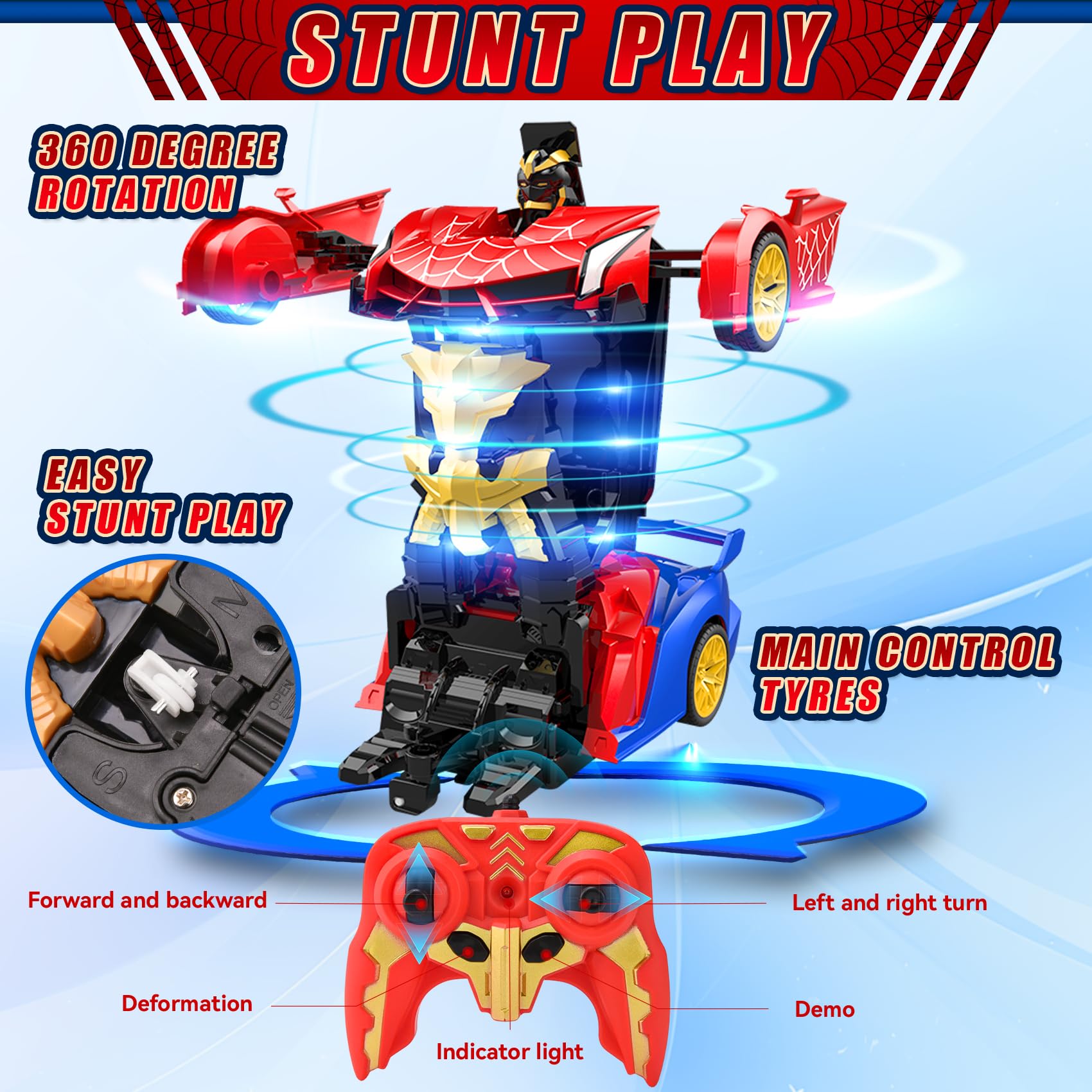 Voiture Télécommandée Spider Robot 2 en 1 Transformable, 360° Rotation, Lumières Sous le Châssis, 2.4GHz Transformable Voiture Cadeau pour Filles Garçons à Partir de 3 4 5 6 7 8 Ans