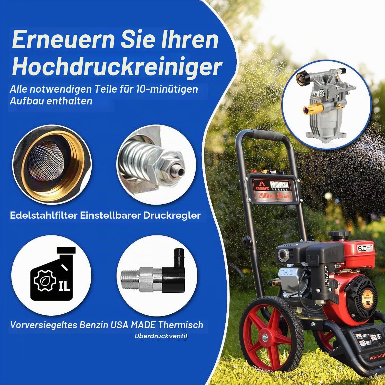 3/4" Welle Horizontale Hochdruckreinigerpumpe 2465 PSI 2.6 GPM Ersatzpumpe Kompatibel Simpson 90029 520002 520004 Dewalt dxpw3425 Honda GC190