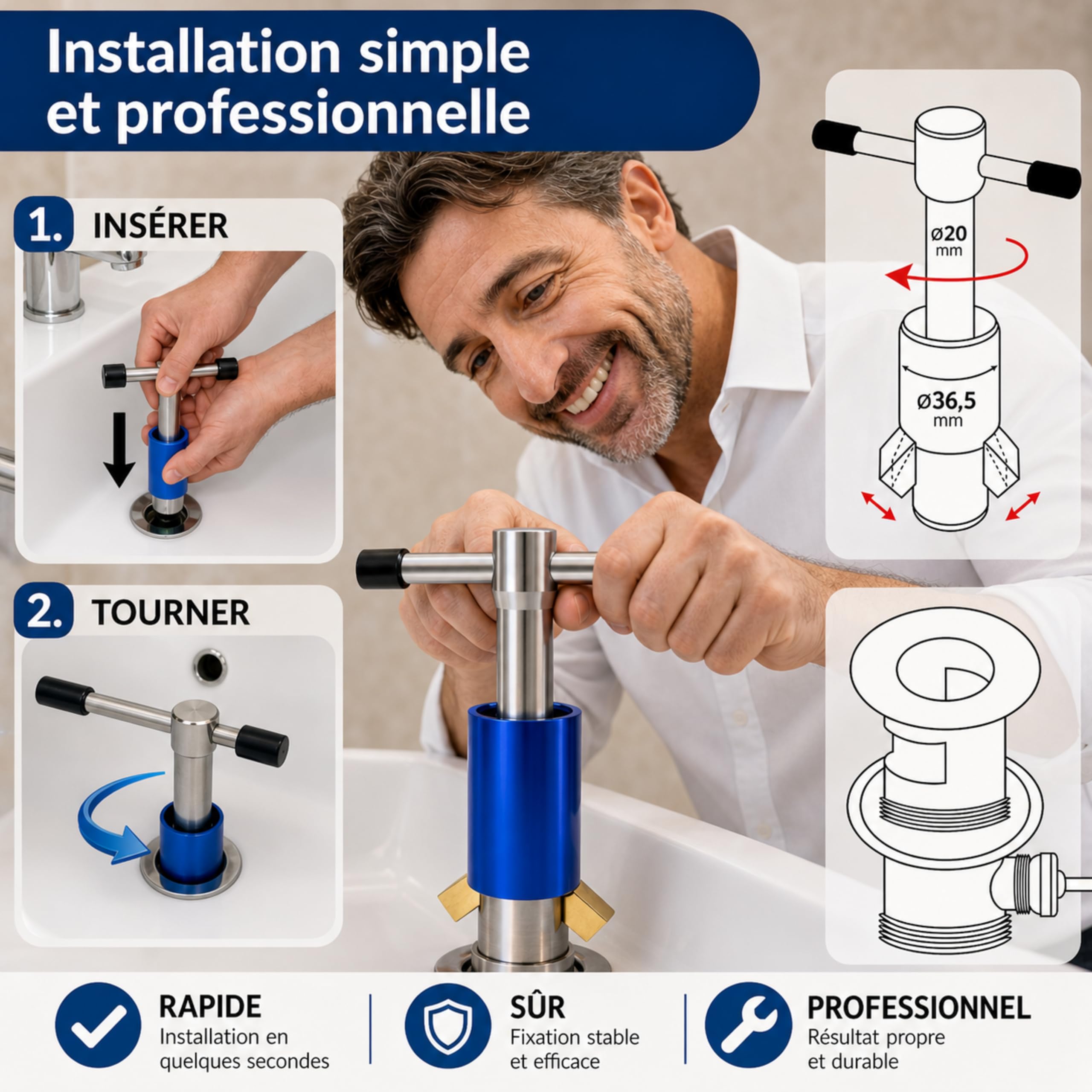 Clé à bonde universelle 1" et 1 1/4" | Clé de montage pour bonde lavabo et bidet | Outil plomberie professionnel en acier galvanisé pour installation vidage I Drytogo