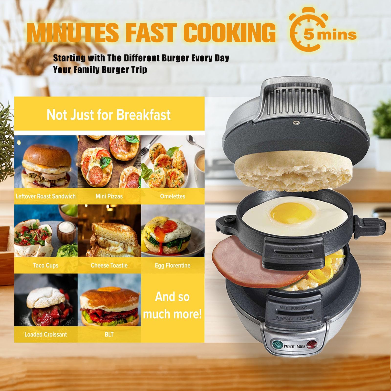 Sandwich Toaster Burger Maker, Effiziente Antihaft Heizplatten, Mit Digitalem Countdown-Timer, Spülmaschinenfest, Perfekt Für Hamburger, Snacks Und Ein Schnelles DIY Frühstück (Grau)
