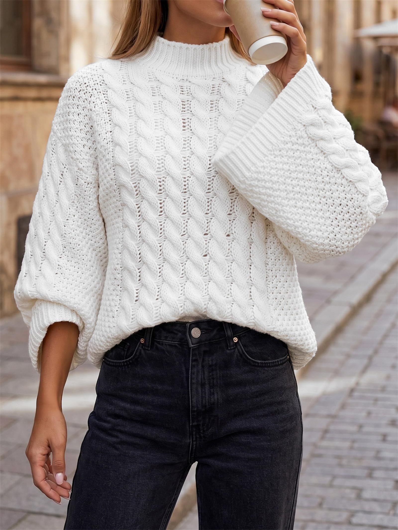 Maglione da donna a collo alto, lavorato a maglia, oversize, con maniche a