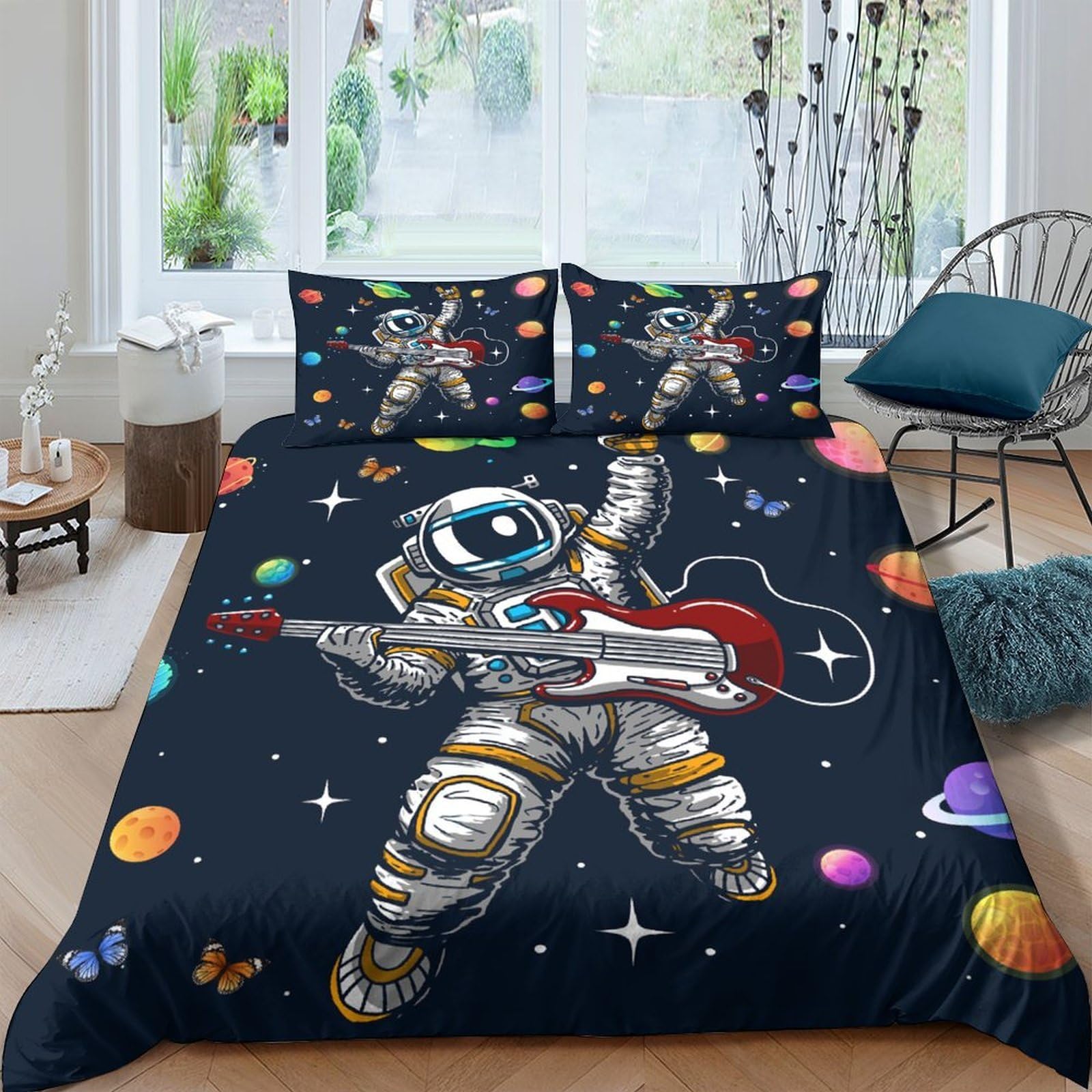 Unrxjzlvm Style-4 Astronaut Space Guitar Bedding Microfiber Teen Duvet Set