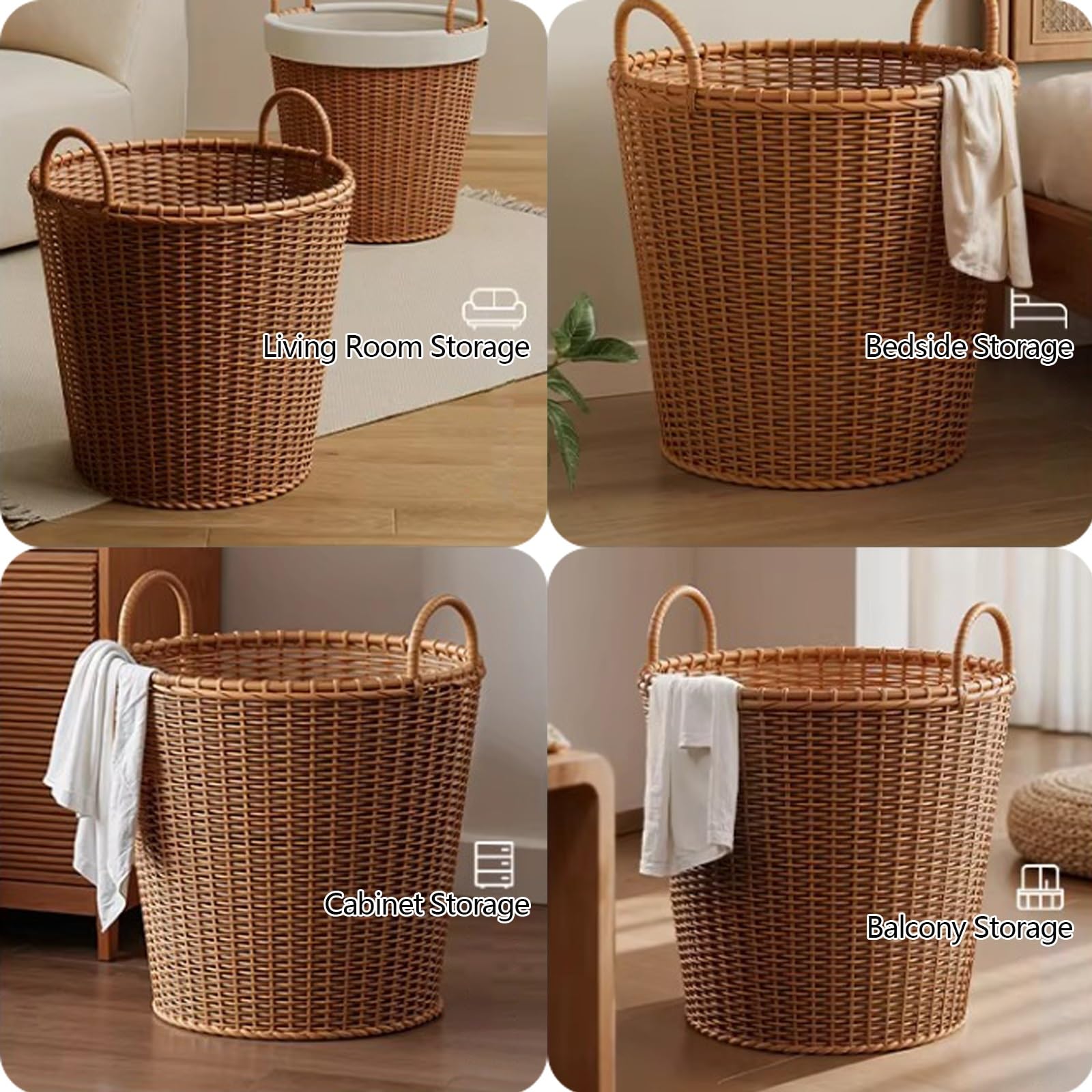 Cesto Portabiancheria Intrecciato, Cesto Biancheria Sporca Rotondi in Finto Rattan, Cesti Multifunzionali con Manici, per L'organizzazione e L'arredamento Della Casa(40x38cm/15.7x14.9in)