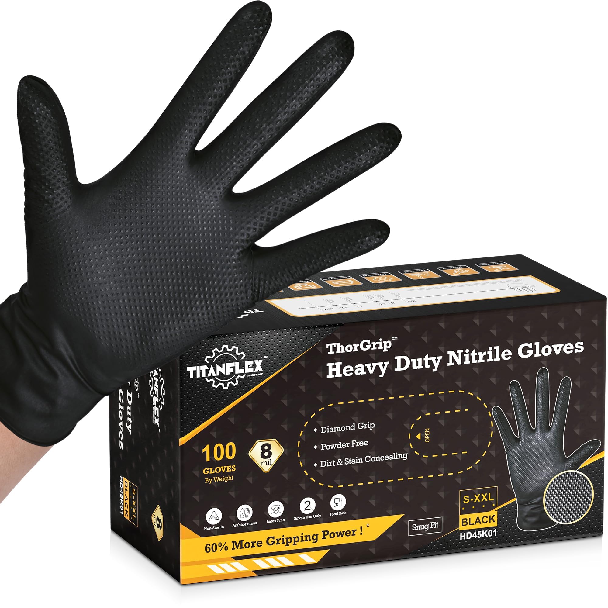 TitanFlex Heavy Duty Black Industrial Nitrile Gloves, 8-mil, XL, Box of 100, Latex Free, Raised Diamond Texture, Powder Free, Food Safe, Rubber Gloves, Mechanic Gloves