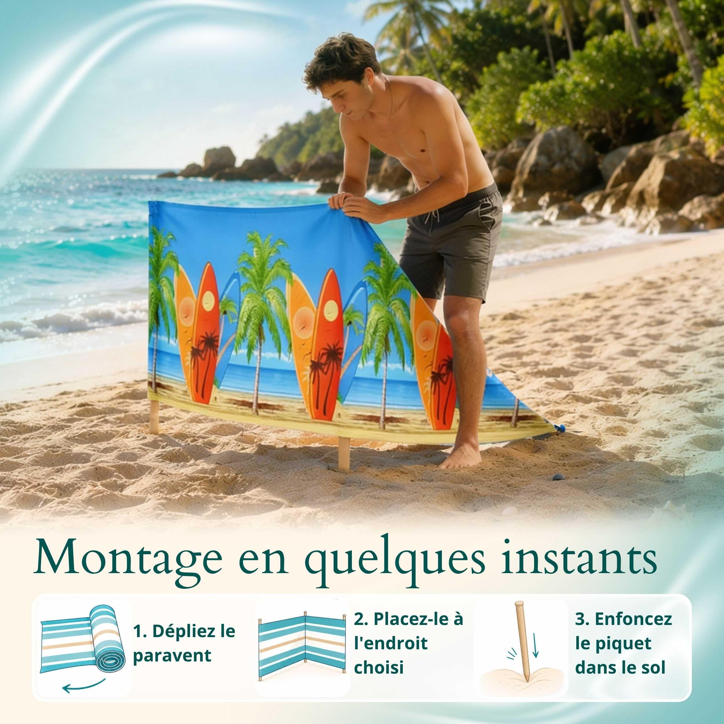 Paravent Plage Microfibres | Brise-Vent 80cm | Planche de Surf 6m | Résistant aux intempéries | Avec cordes | Fait main