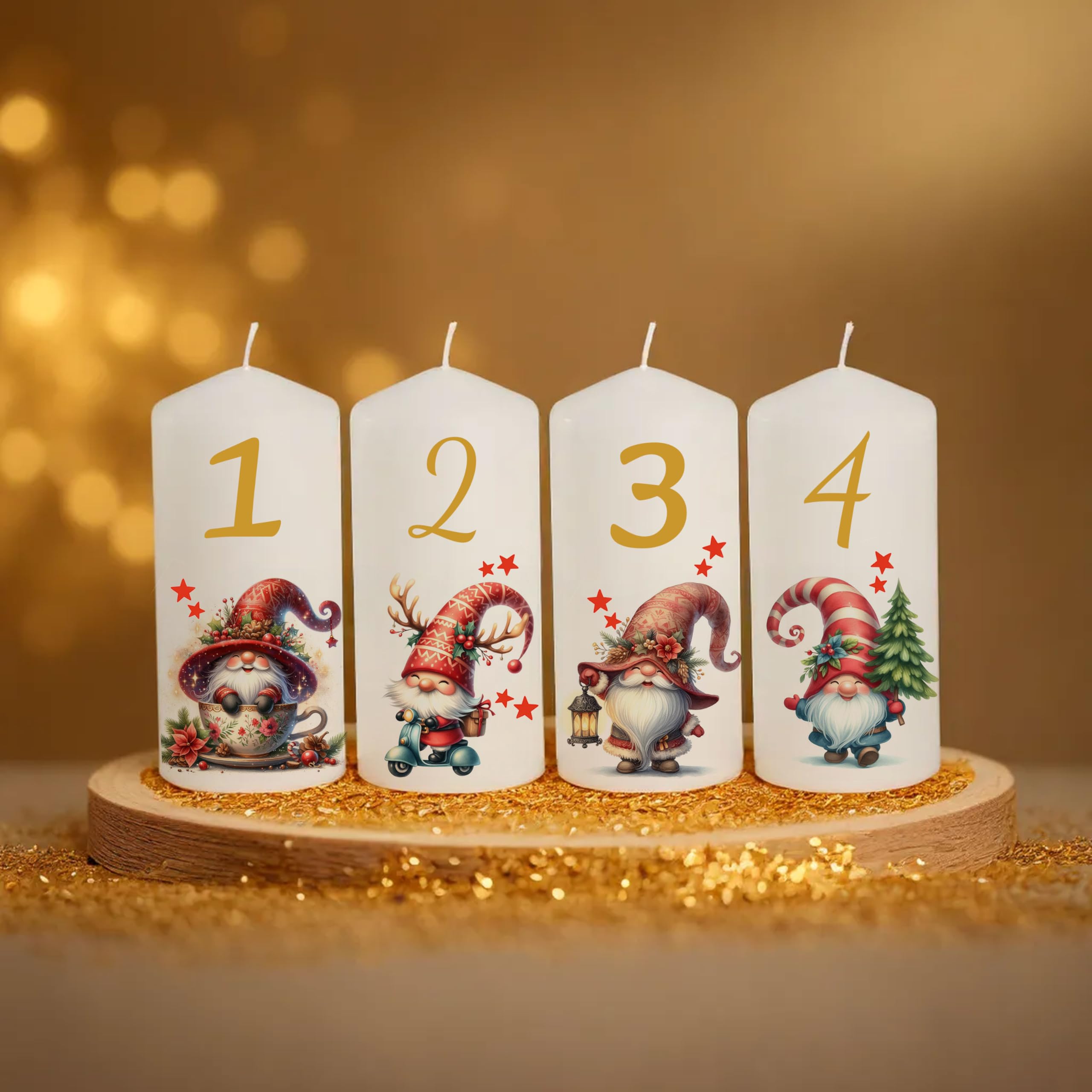 Candela dell'Avvento personalizzata con nome e scritta come decorazione da tavolo, decorazione da tavolo, candela dell'Avvento, regalo amorevole, 4 pezzi, gnomi, durata 35 ore, diametro 6,8 x altezza