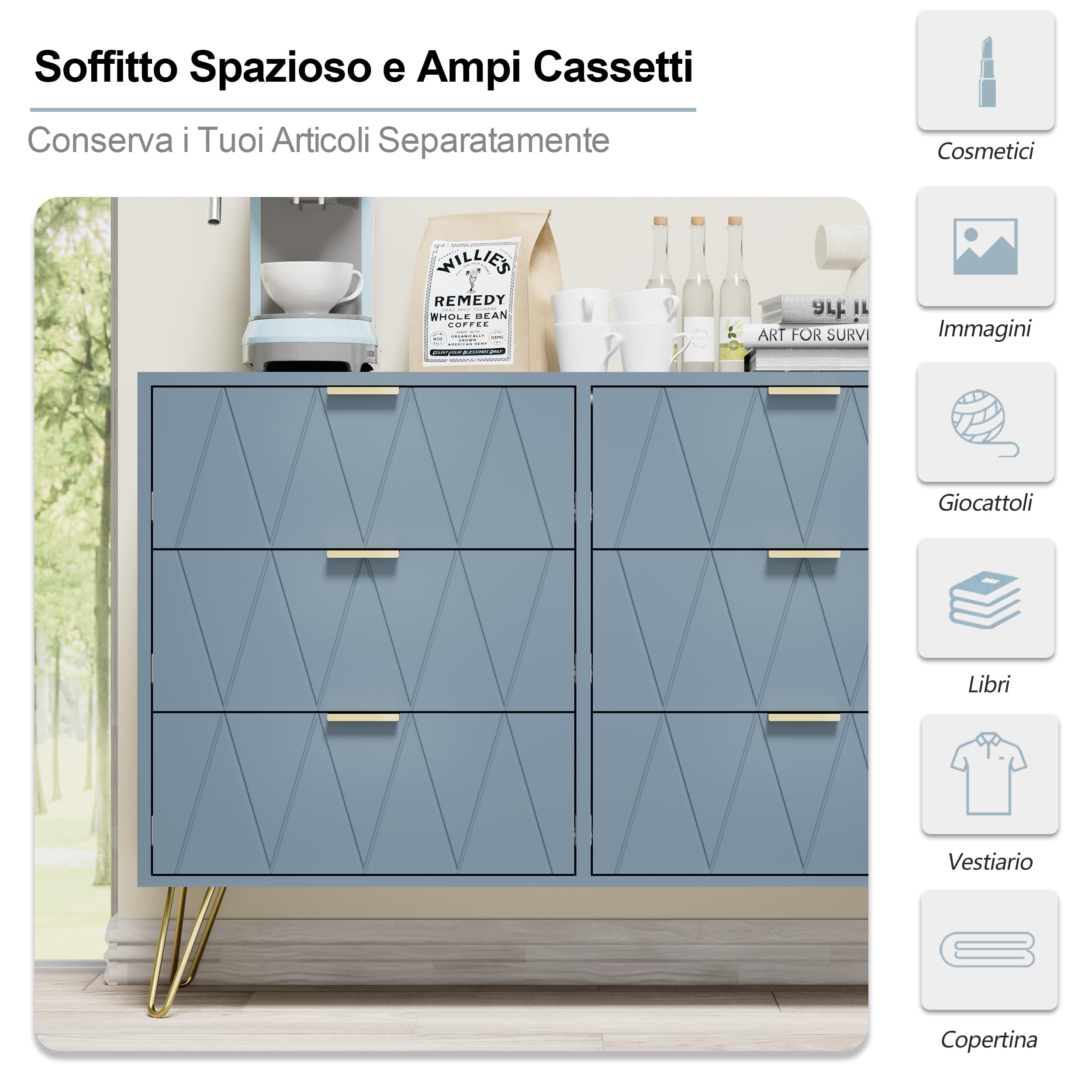 UEV Cajonera 6 Cajones, Cómoda de Madera, Cajonera Ahorro de Espacio para Dormitorio, Salón, 100 x 34 x 73cm, Azul Gris | Para ropa, documentos, juguetes, aparador moderno estrecho con protección antivuelco para salón, dormitorio, fácil montaje