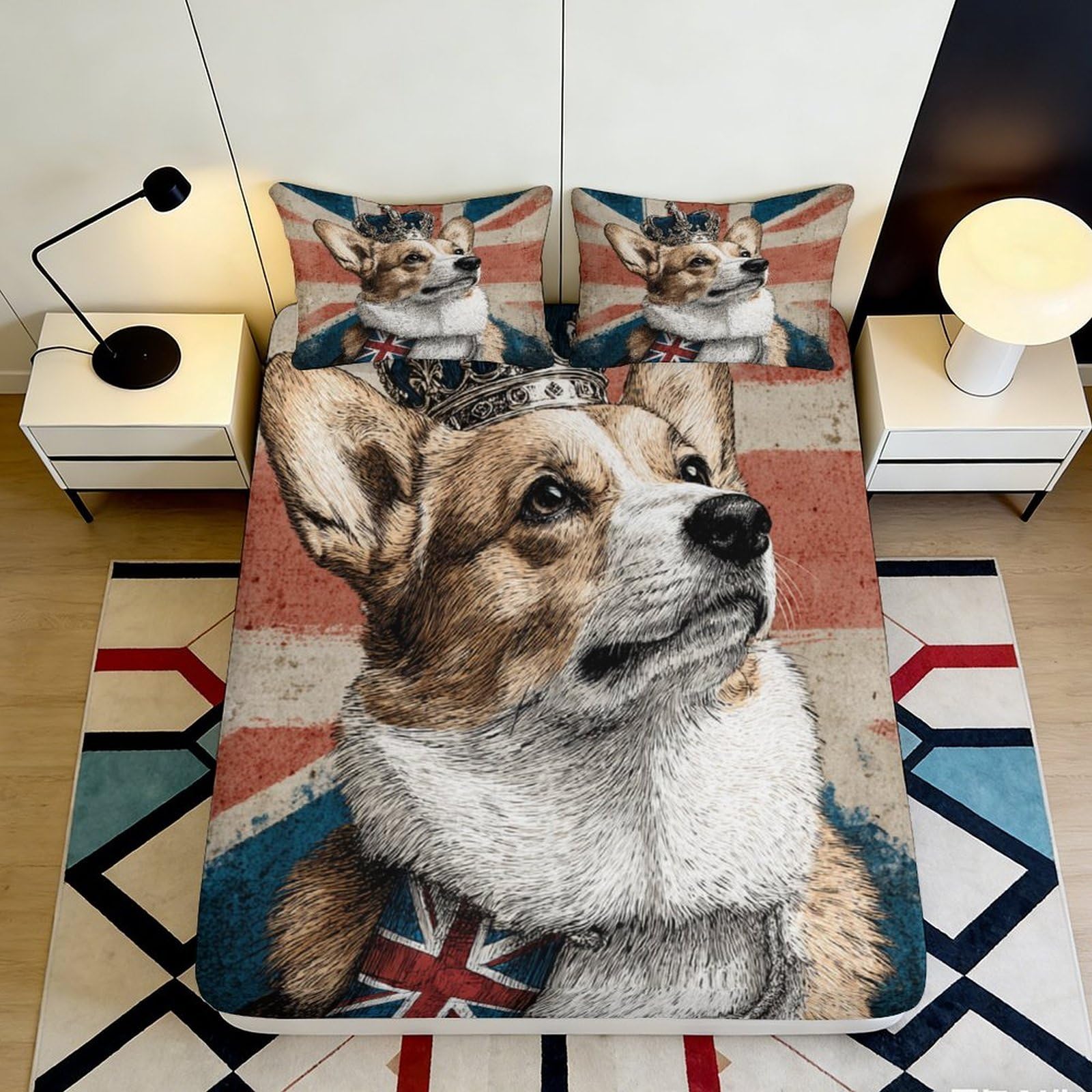 Pnayamiorkfel Style-7 3D Printed Royal Corgi Fitted Sheet Microfiber Soft Breathable British Flag Bed Cover For Bedroom Dorm Decor 90X200x25cm