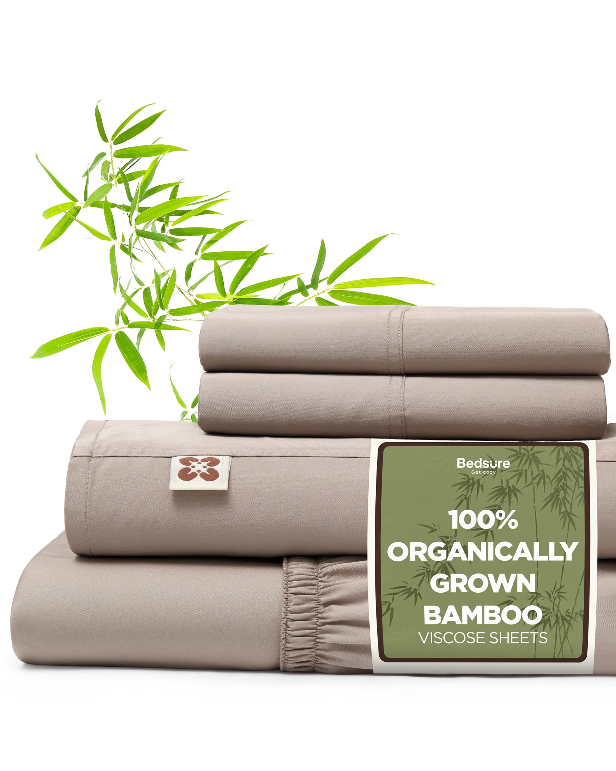 Bedsure 100% Organically Grown Bamboo Viscose Sheets - 18 Inches Deep Pocket Sheets with Elastic Corner, Queen Sheet Set, Ultra-Soft, Silky & Cooling Bedsheets, Oeko-Tex, 4 Pieces, Taupe
