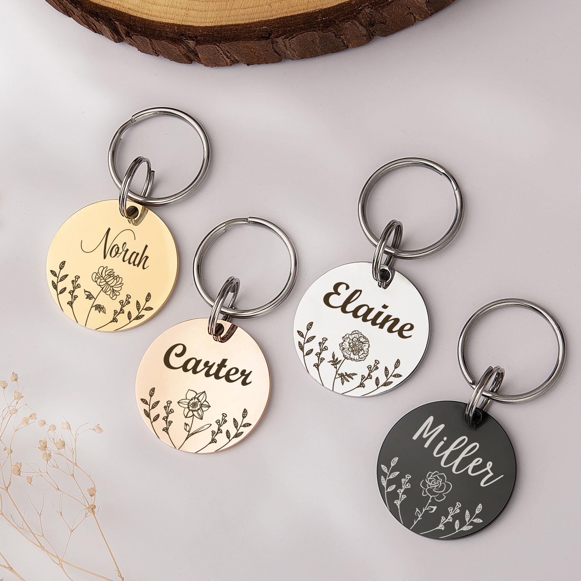 Anavia Floral Pet ID Tags, Birth Month Flowers Theme Dog Tag Round Bone Shape Cat Name Tag, Glossy Stainless Steel Gold Plated Dog Collar Tag (Round - Flower Field - Black, Medium)