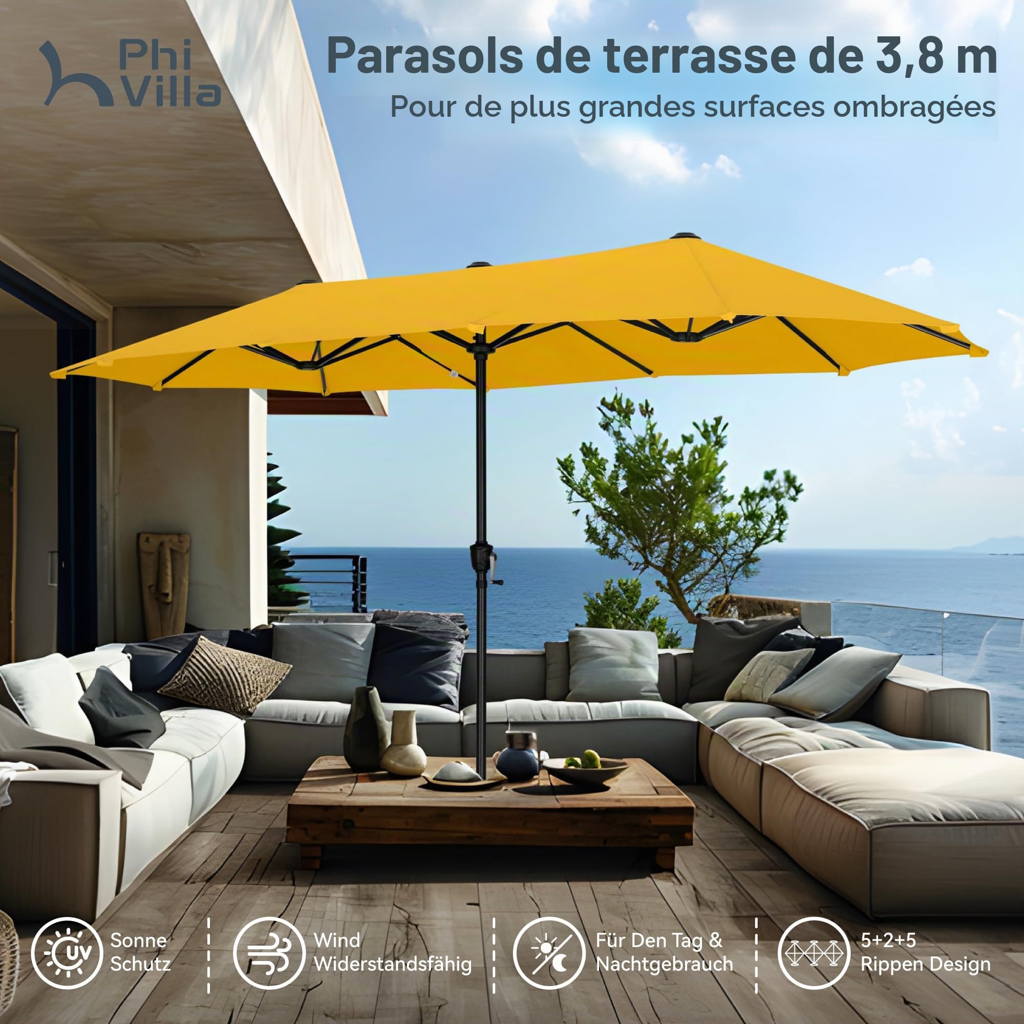 PHI VILLA Parasol de Jardin Extérieur,2x3,8m Parasol Double Face Rectangulaire avec Manivelle,Protection Solaire pour Terrasse, Résistant à l'Eau,Anti au vent