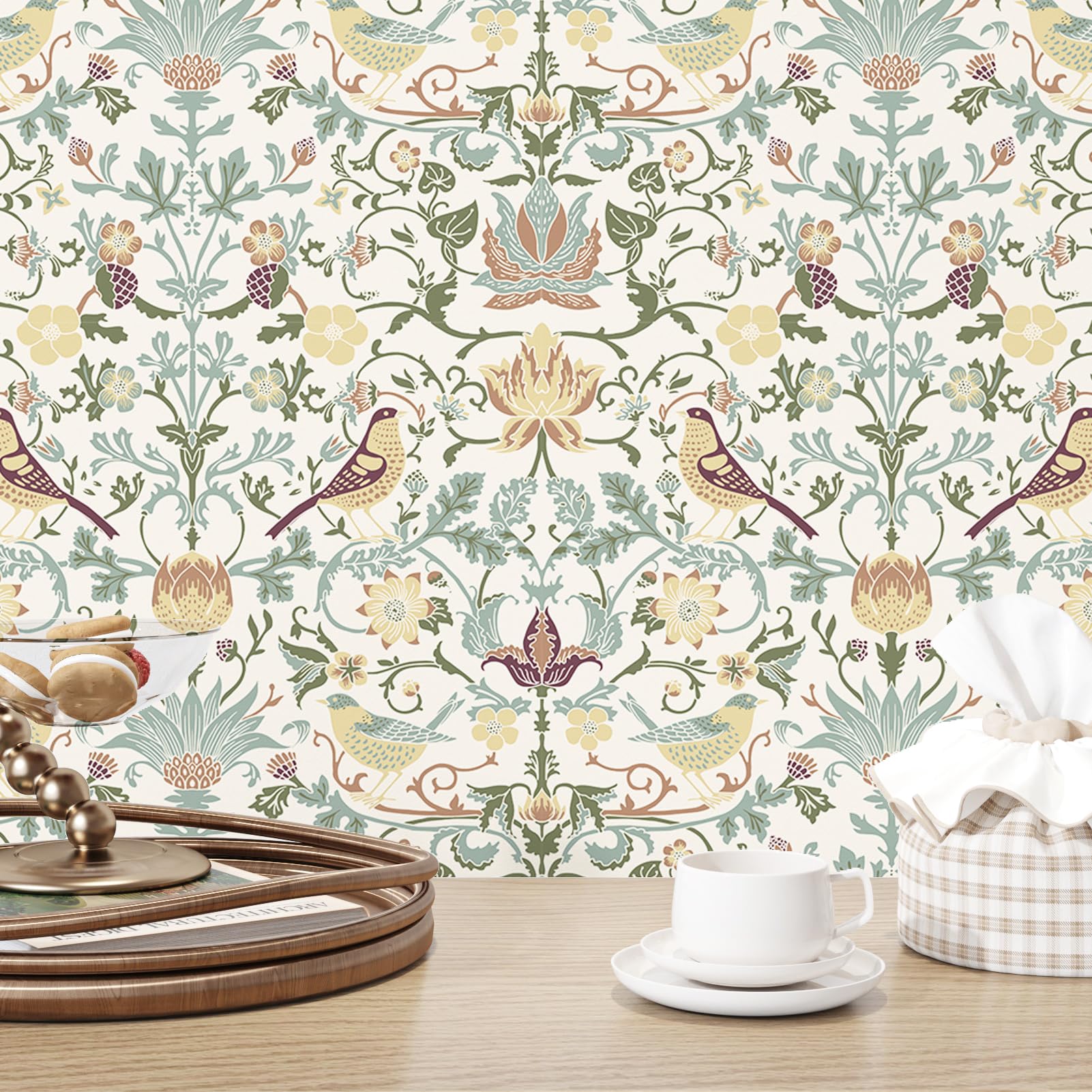 Wallderful Beige Floral Wallpaper Vintage William Morris Wallpaper Self Adhesive Bird Botanical Contact Paper for Bedroom Cabinets Shelf Mural