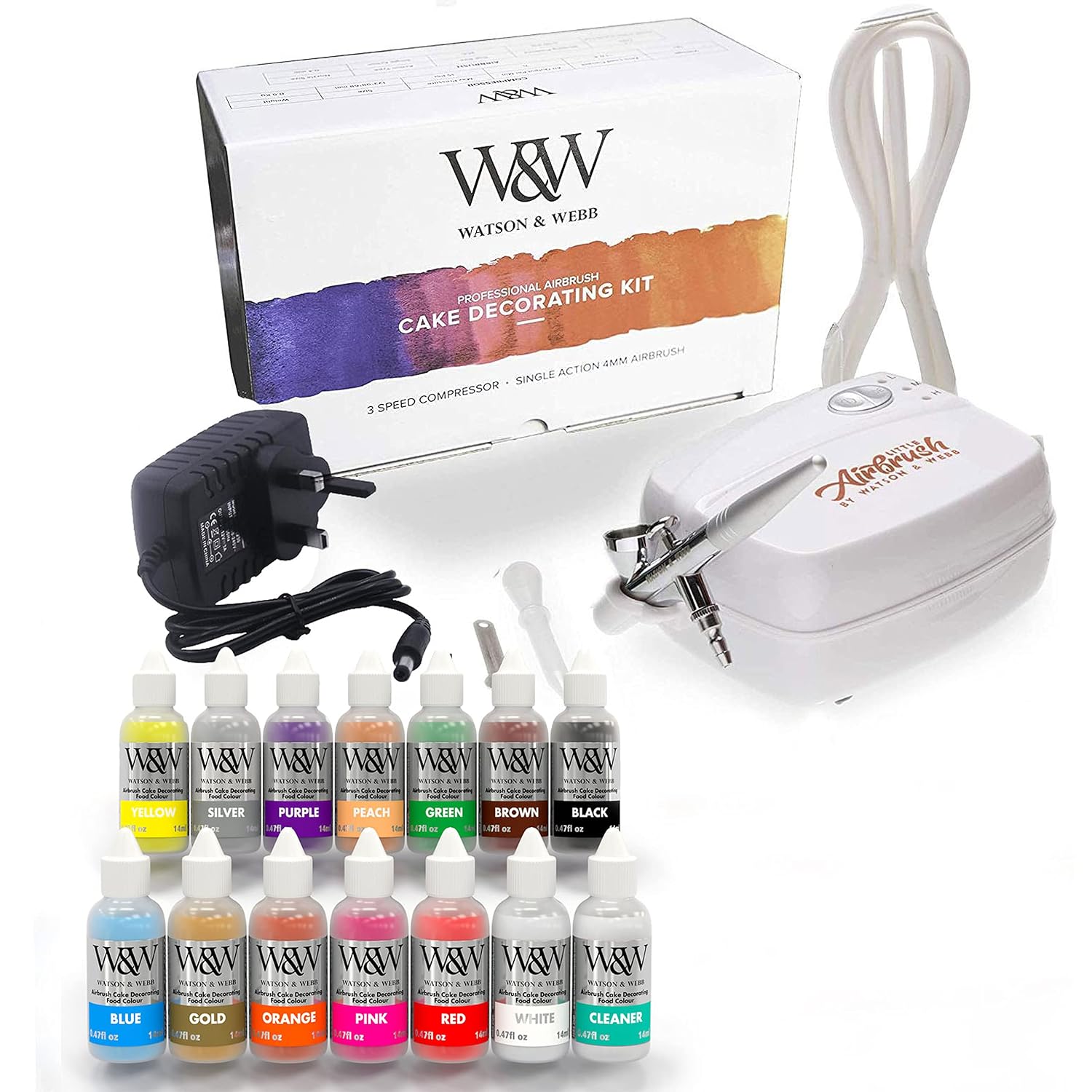 Watson & Webb Airbrush Cake Decorating Kit. Airbrush Kit & 13 Bottle Color Set