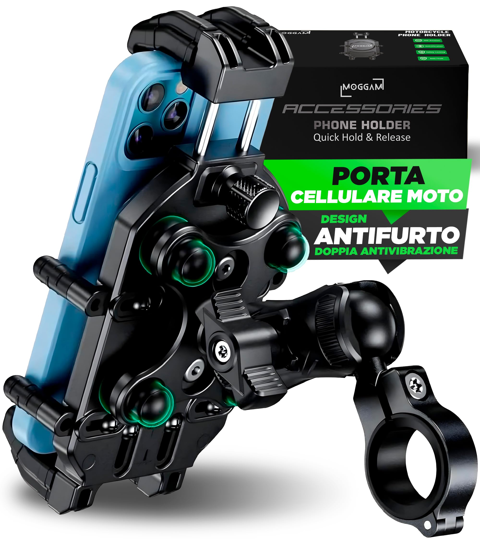 MOGGAM Porta Cellulare Moto Antivibrazione Antifurto Trail Ultra Resistente per Manubrio Compatibile Smartphone Ruggerizzati 5.4 a 7.2 Pollici Supporto Telefono Moto Adventure Enduro Touring Offroad